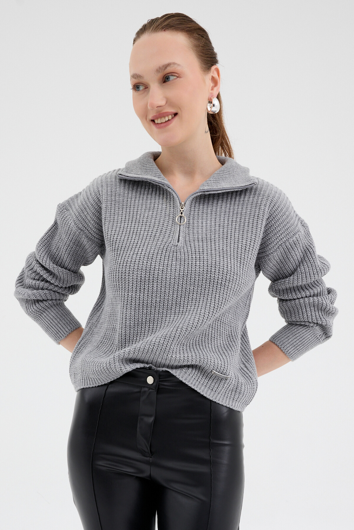 Gri Yarım Fermuarlı Crop Triko Kadın Kazak 7135 - Rays