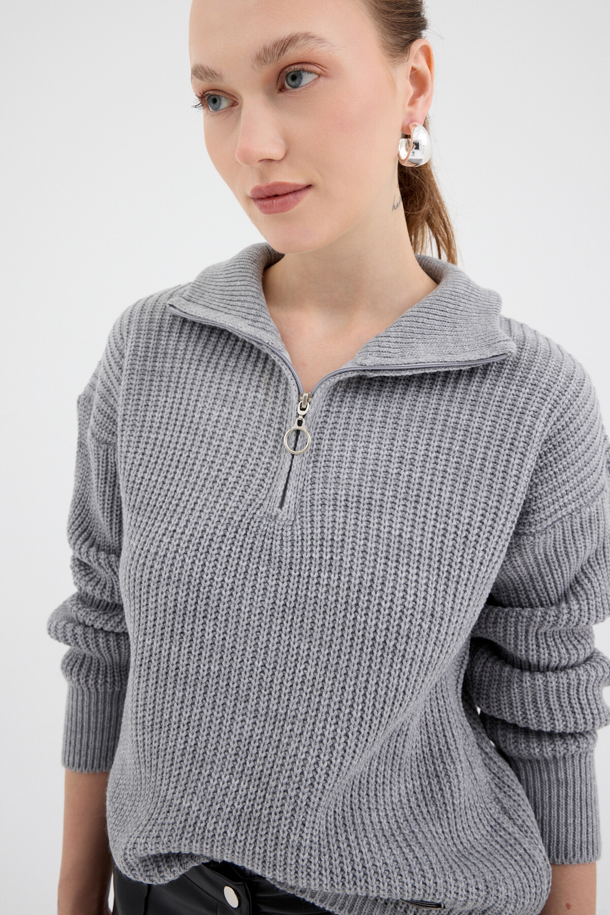 Gri Yarım Fermuarlı Crop Triko Kadın Kazak 7135 - RAYS