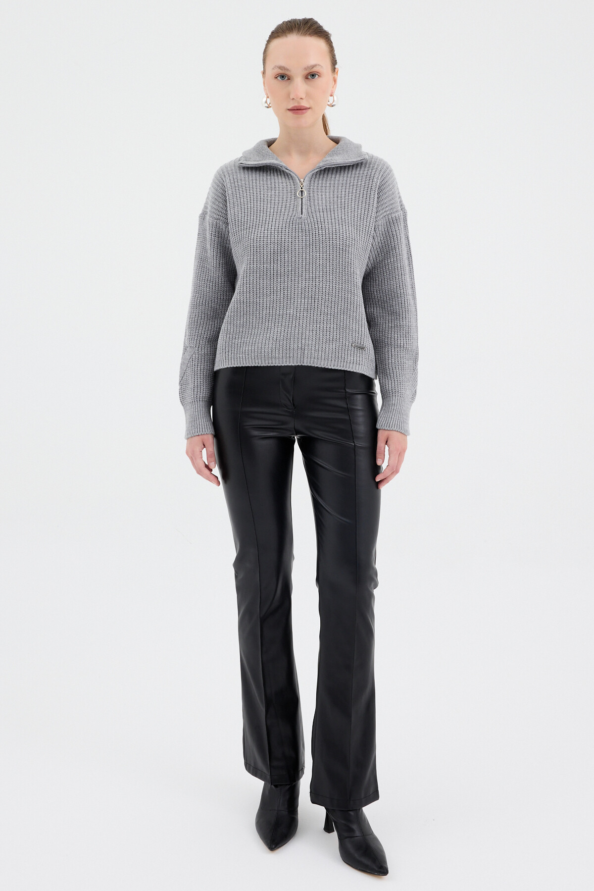 Gri Yarım Fermuarlı Crop Triko Kadın Kazak 7135 - RAYS