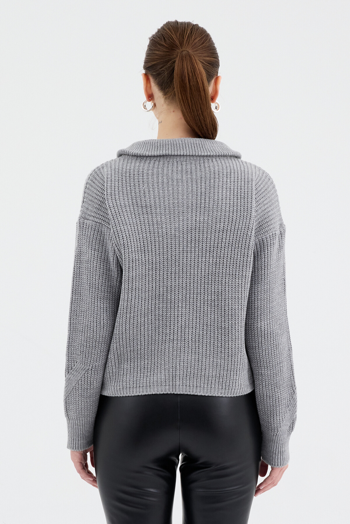 Gri Yarım Fermuarlı Crop Triko Kadın Kazak 7135 - 5