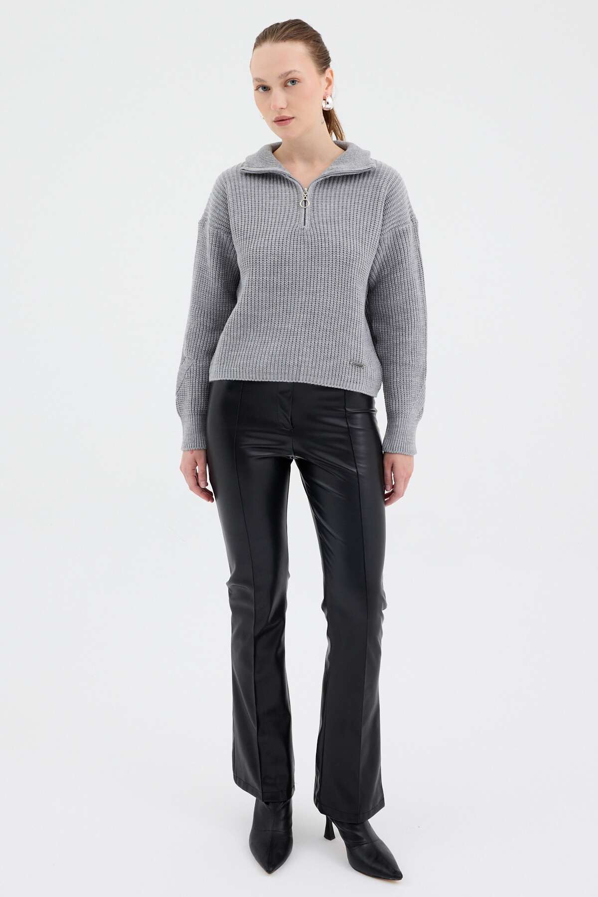 Gri Yarım Fermuarlı Crop Triko Kadın Kazak 7135 - 6