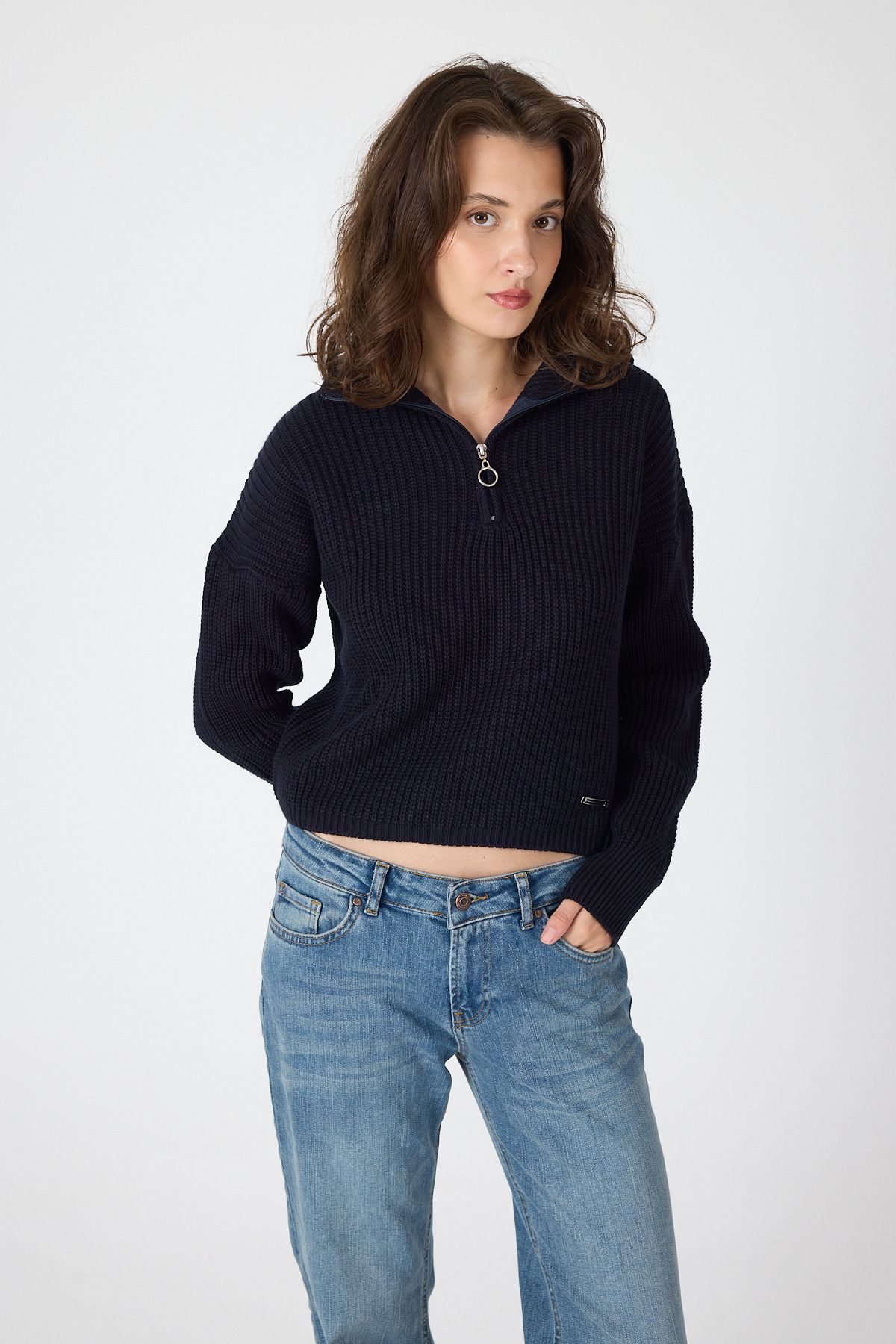 Laci Yarım Fermuarlı Crop Triko Kadın Kazak 7135 - 7