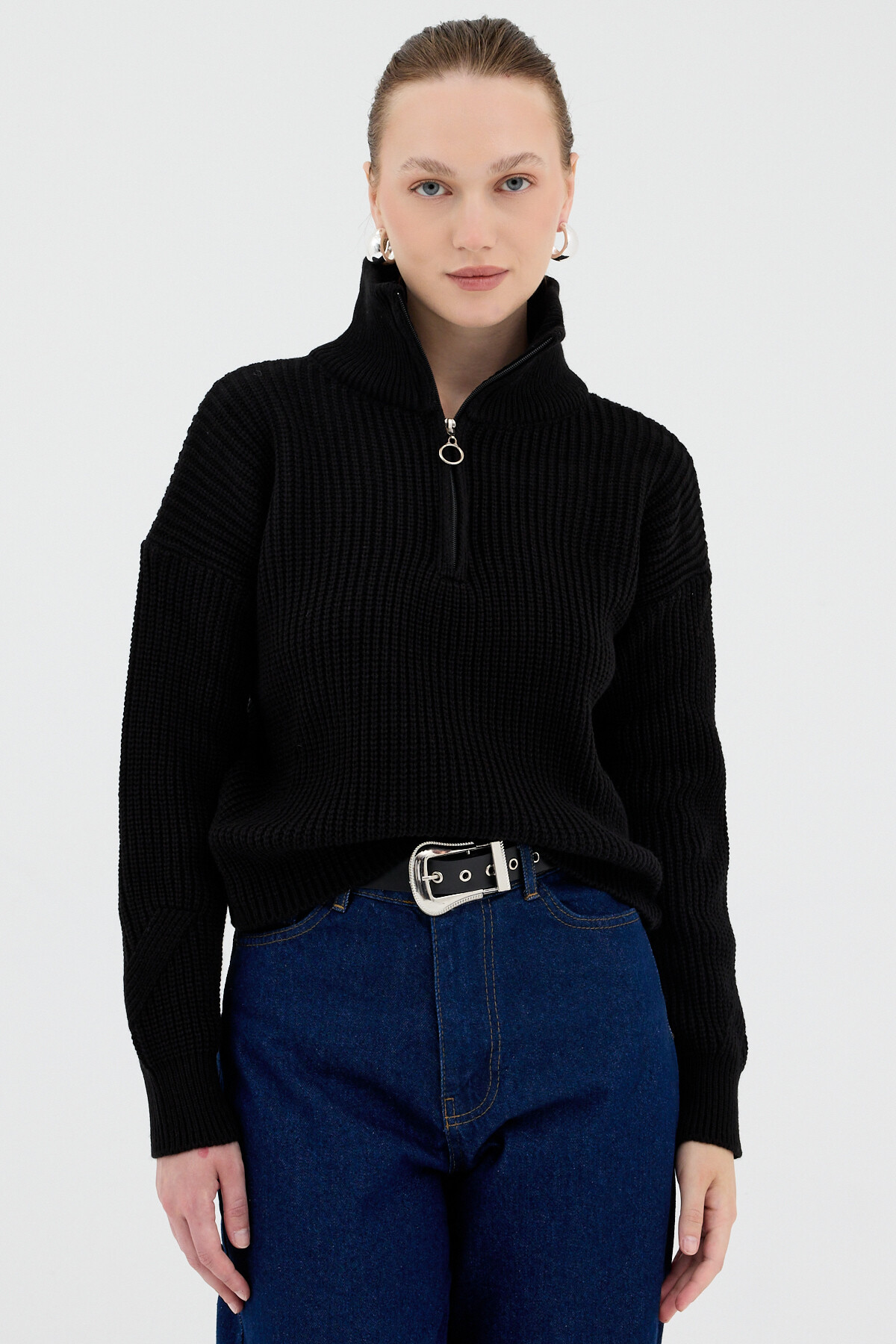 Siyah Yarım Fermuarlı Crop Triko Kadın Kazak 7135 - 2