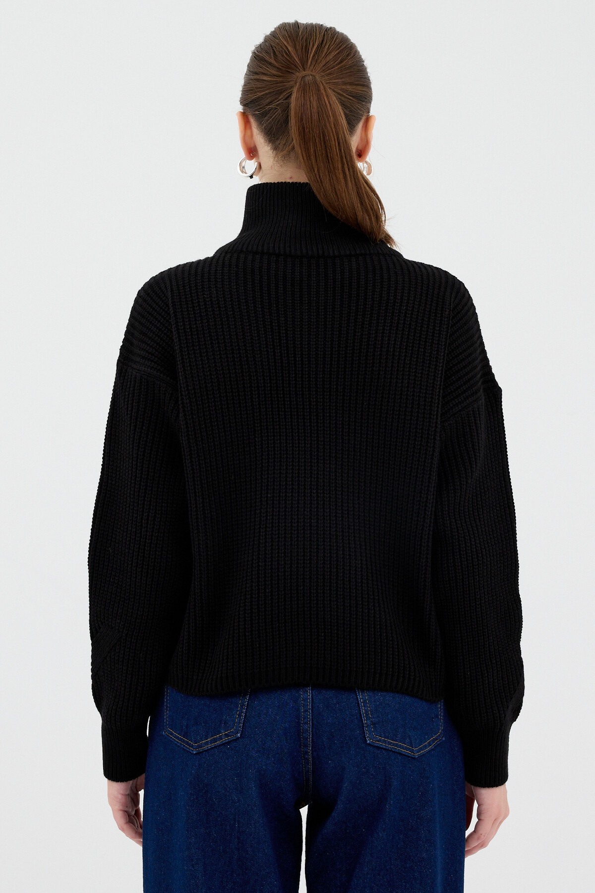 Siyah Yarım Fermuarlı Crop Triko Kadın Kazak 7135 - 5