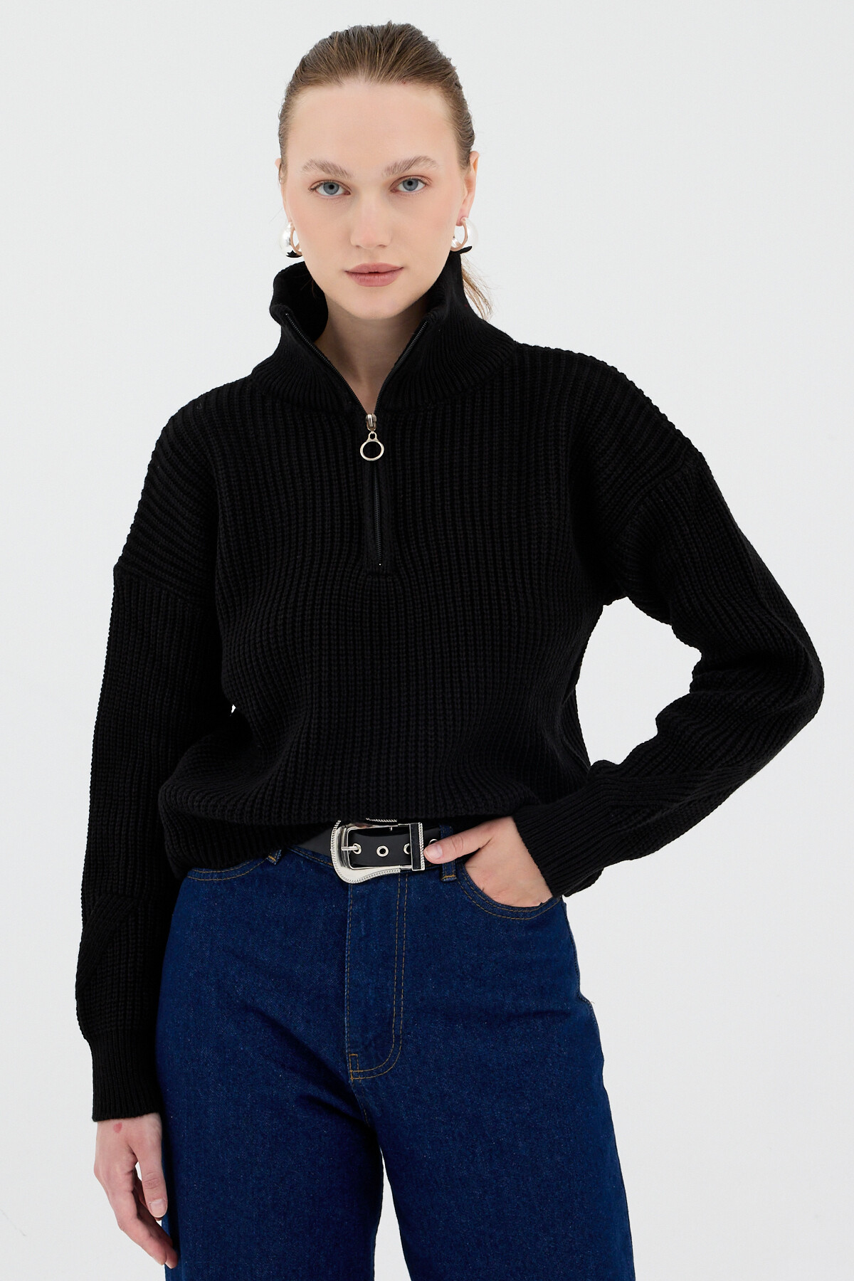 Siyah Yarım Fermuarlı Crop Triko Kadın Kazak 7135 - 1