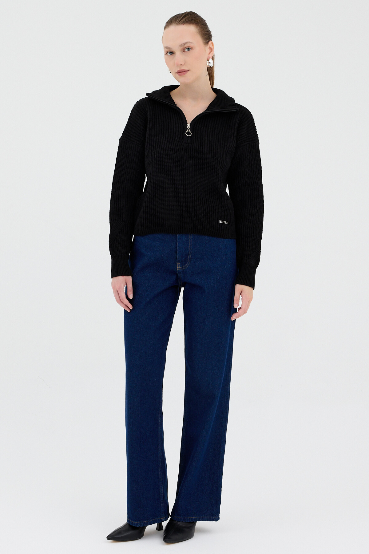 Siyah Yarım Fermuarlı Crop Triko Kadın Kazak 7135 - RAYS