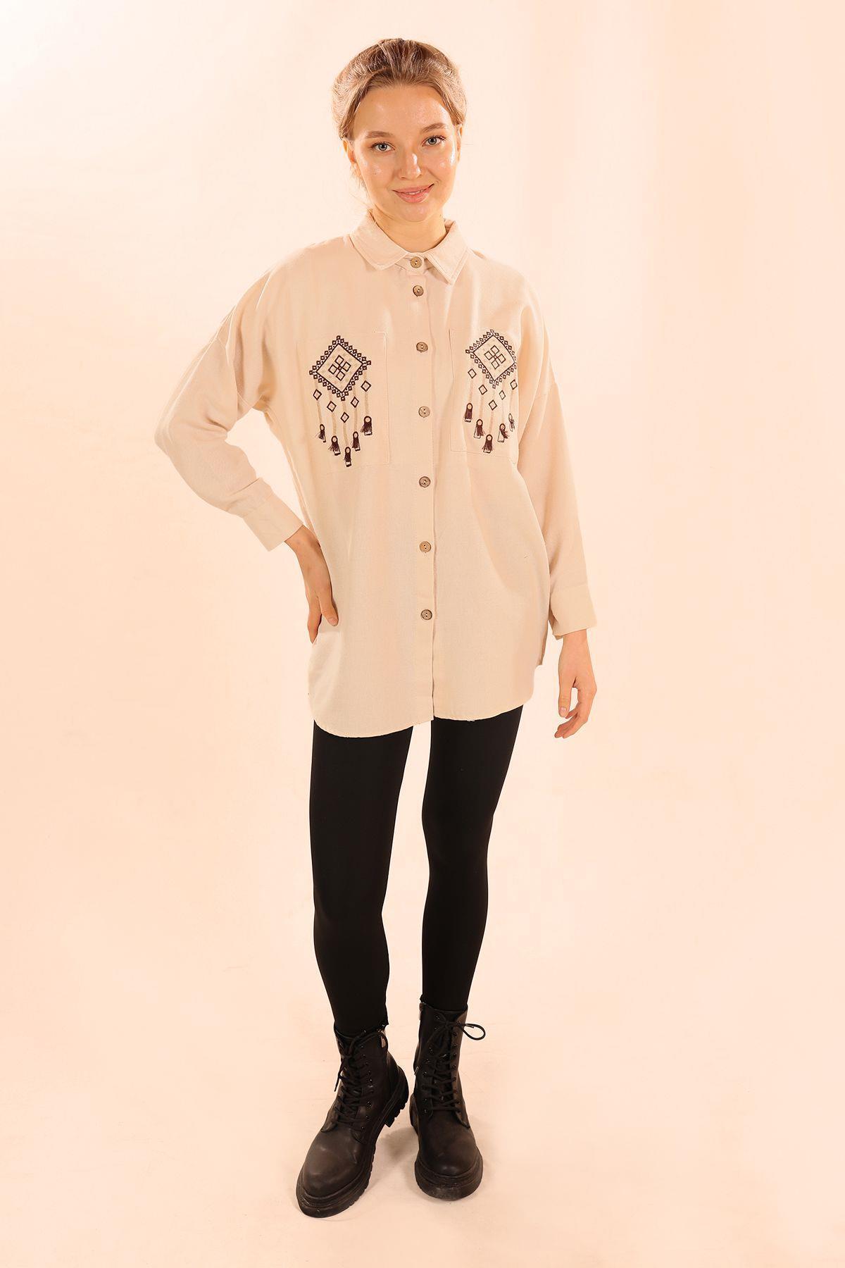 Taş Cep Nakış Detay Gömlek 71388 - 4