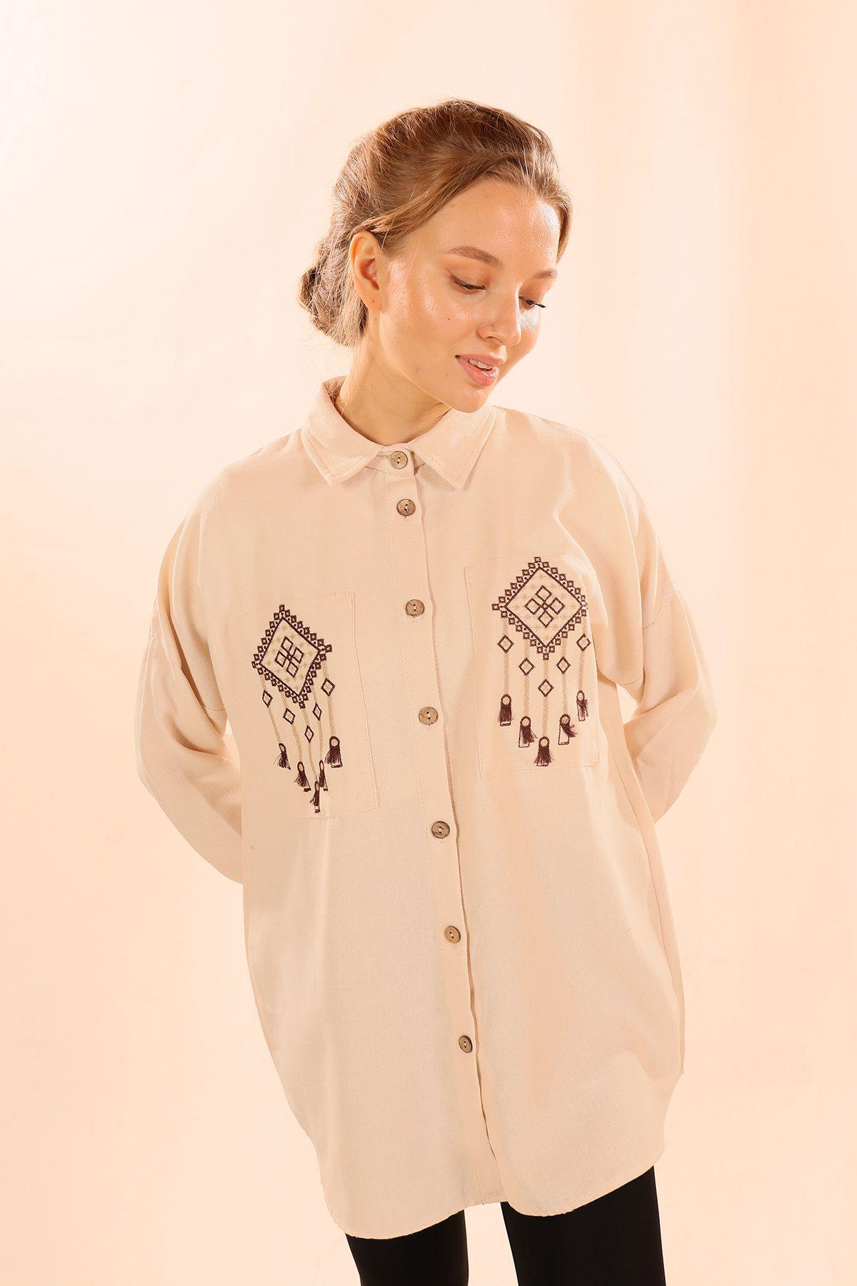 Taş Cep Nakış Detay Gömlek 71388 - 5