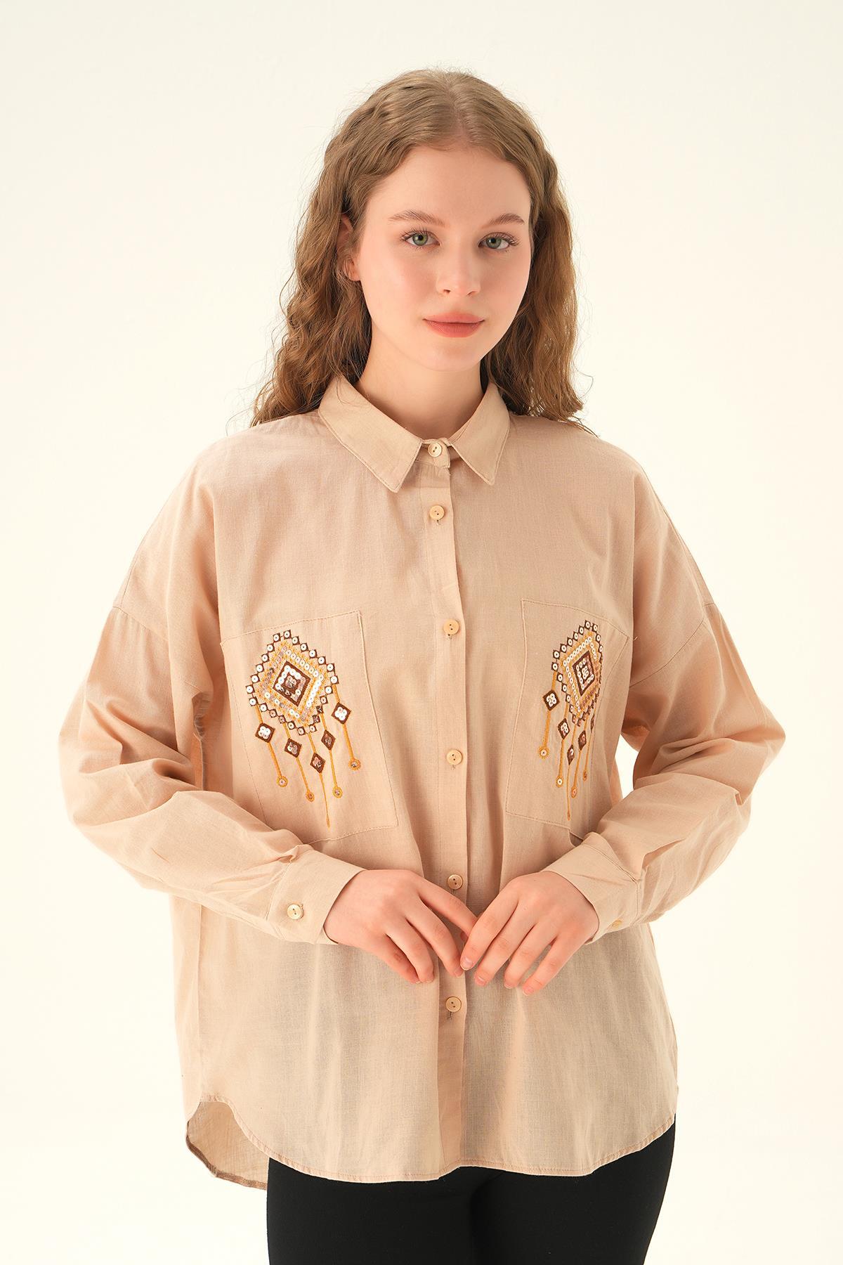 Bej Cep İşleme Detay Gömlek 71422 - 1