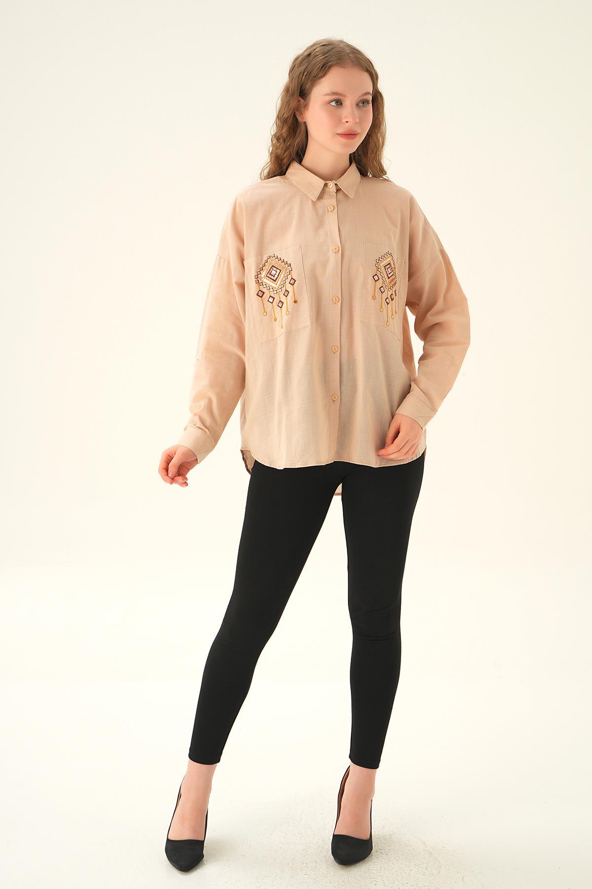 Bej Cep İşleme Detay Gömlek 71422 - 2