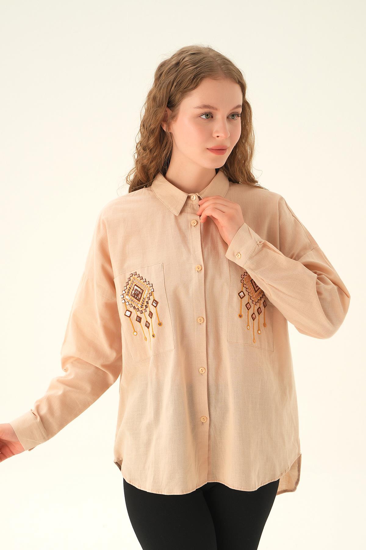 Bej Cep İşleme Detay Gömlek 71422 - 3