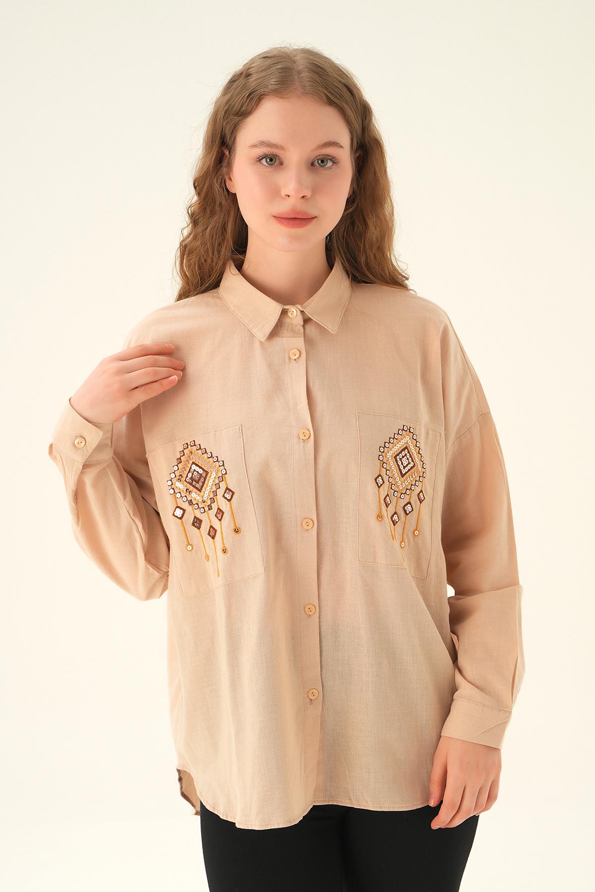 Bej Cep İşleme Detay Gömlek 71422 - 5