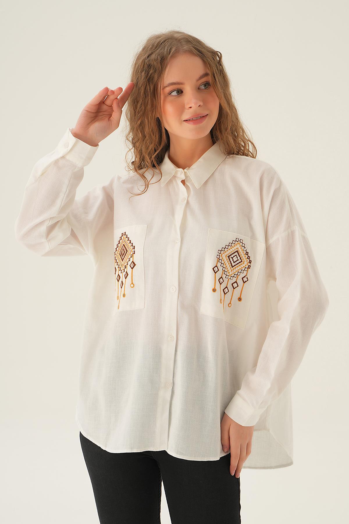 71422 Cep İşleme Detay Gömlek Ekru - 2