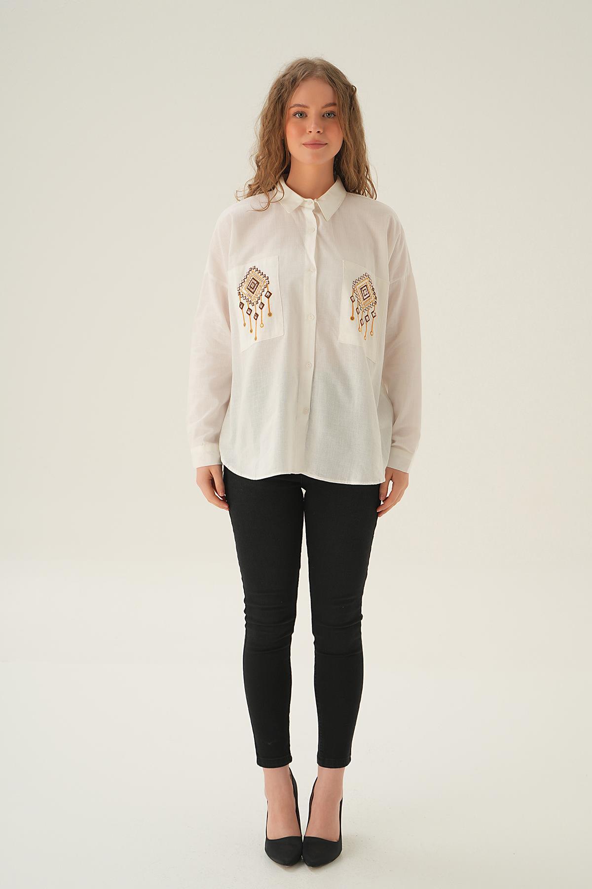 71422 Cep İşleme Detay Gömlek Ekru - 5