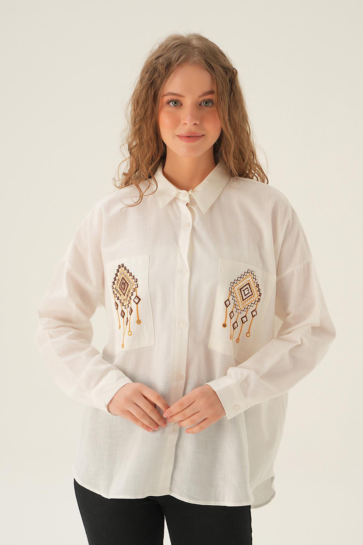 Ekru Cep İşleme Detay Gömlek 71422 