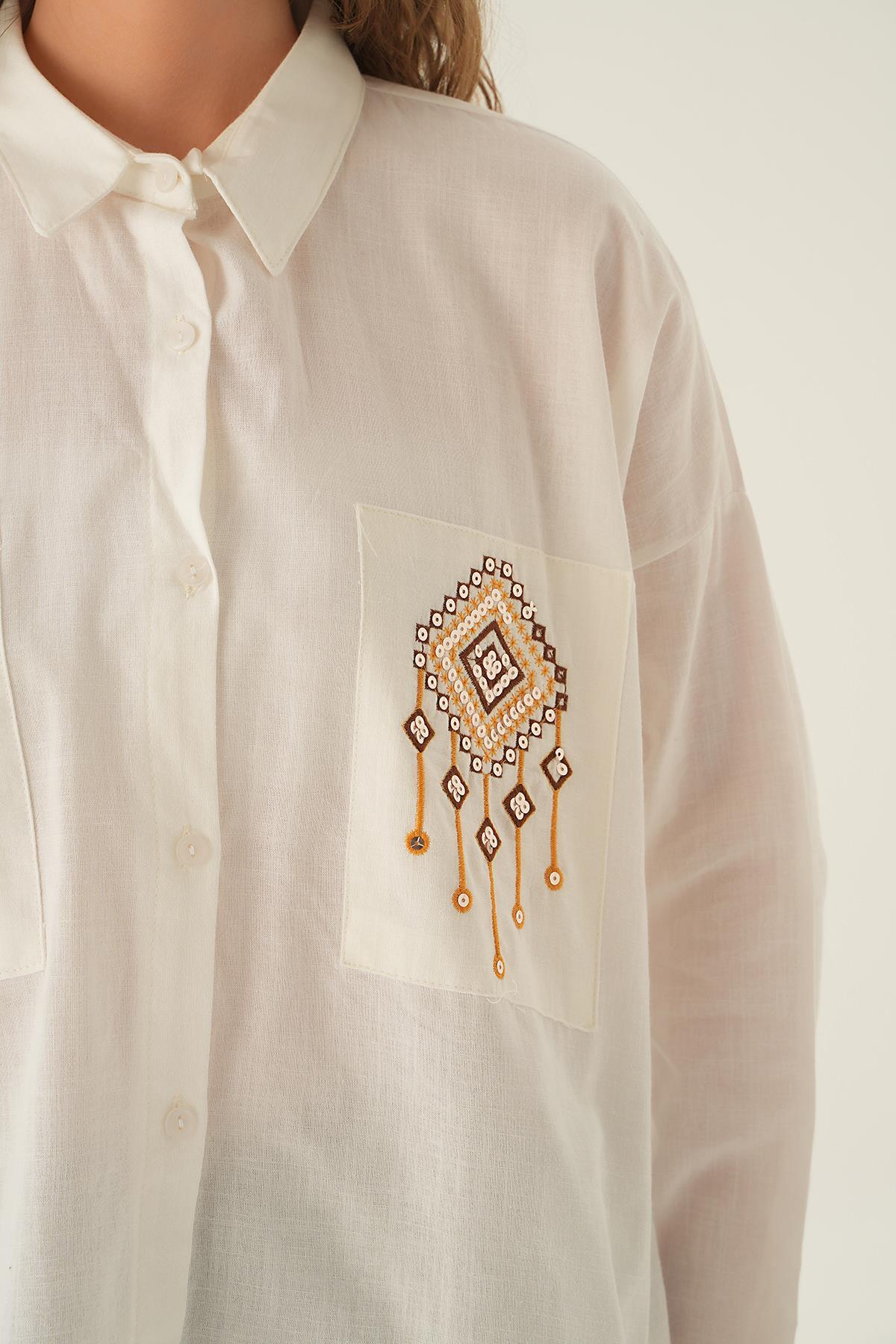 Ekru Cep İşleme Detay Gömlek 71422 - 4