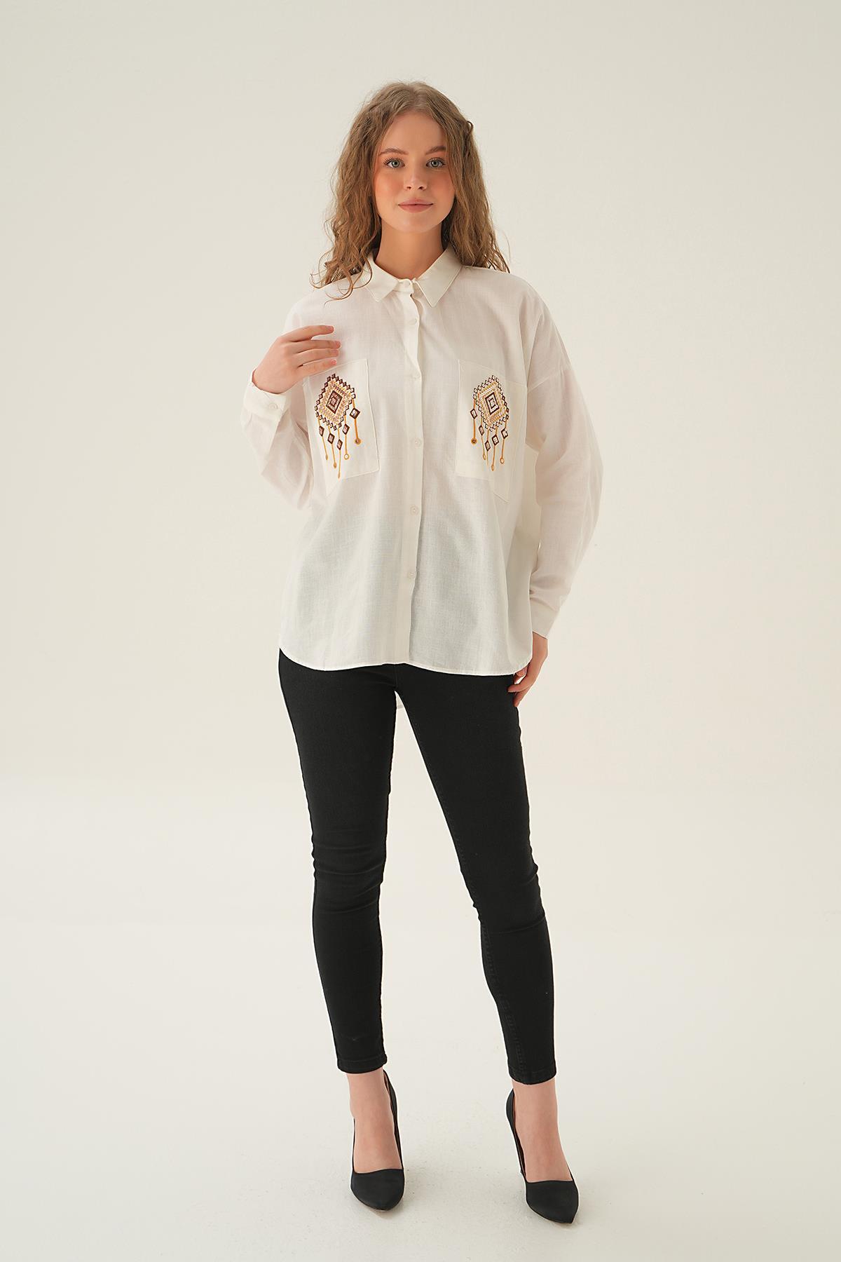 Ekru Cep İşleme Detay Gömlek 71422 - 6