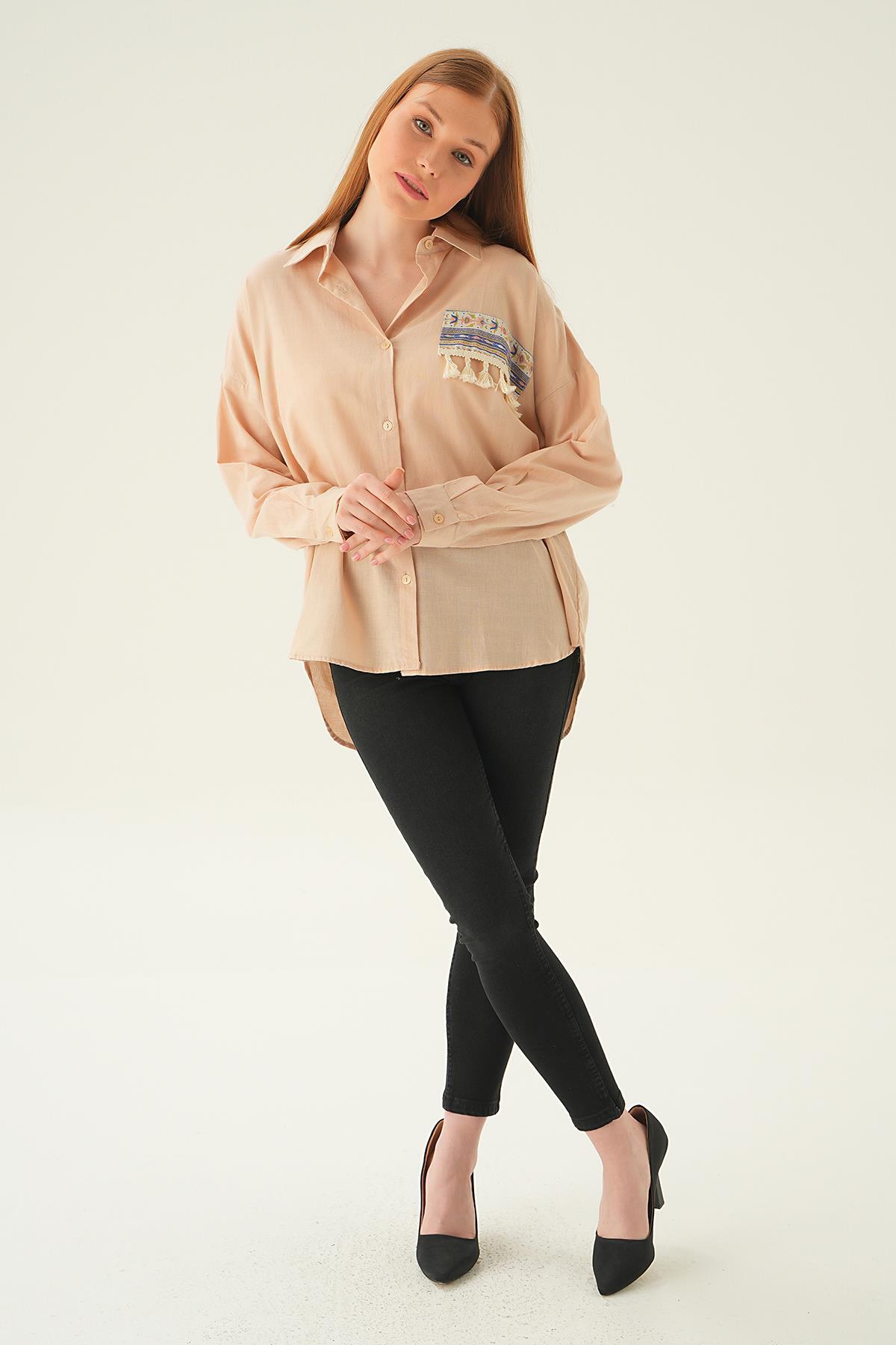 71425 Göğüs Cep Püskül Detay Gömlek Bej - 2