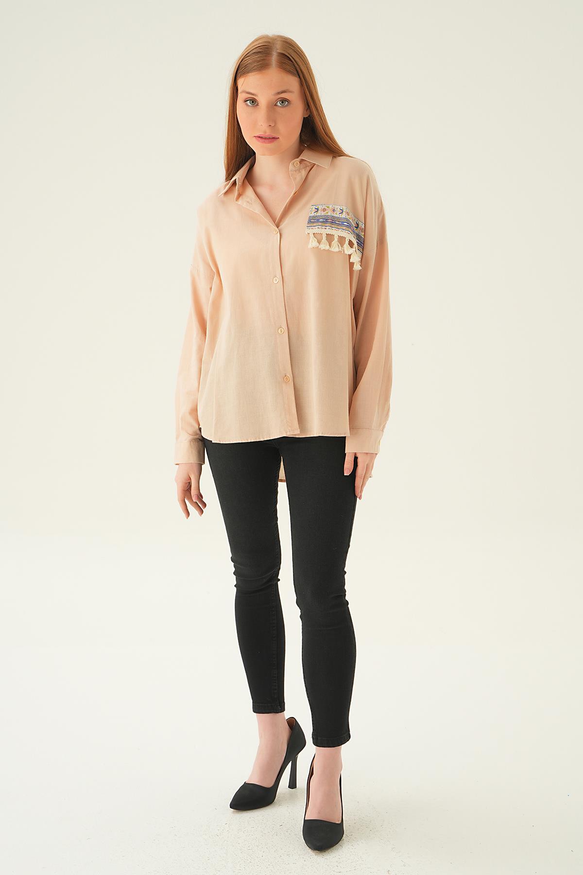 71425 Göğüs Cep Püskül Detay Gömlek Bej - 6