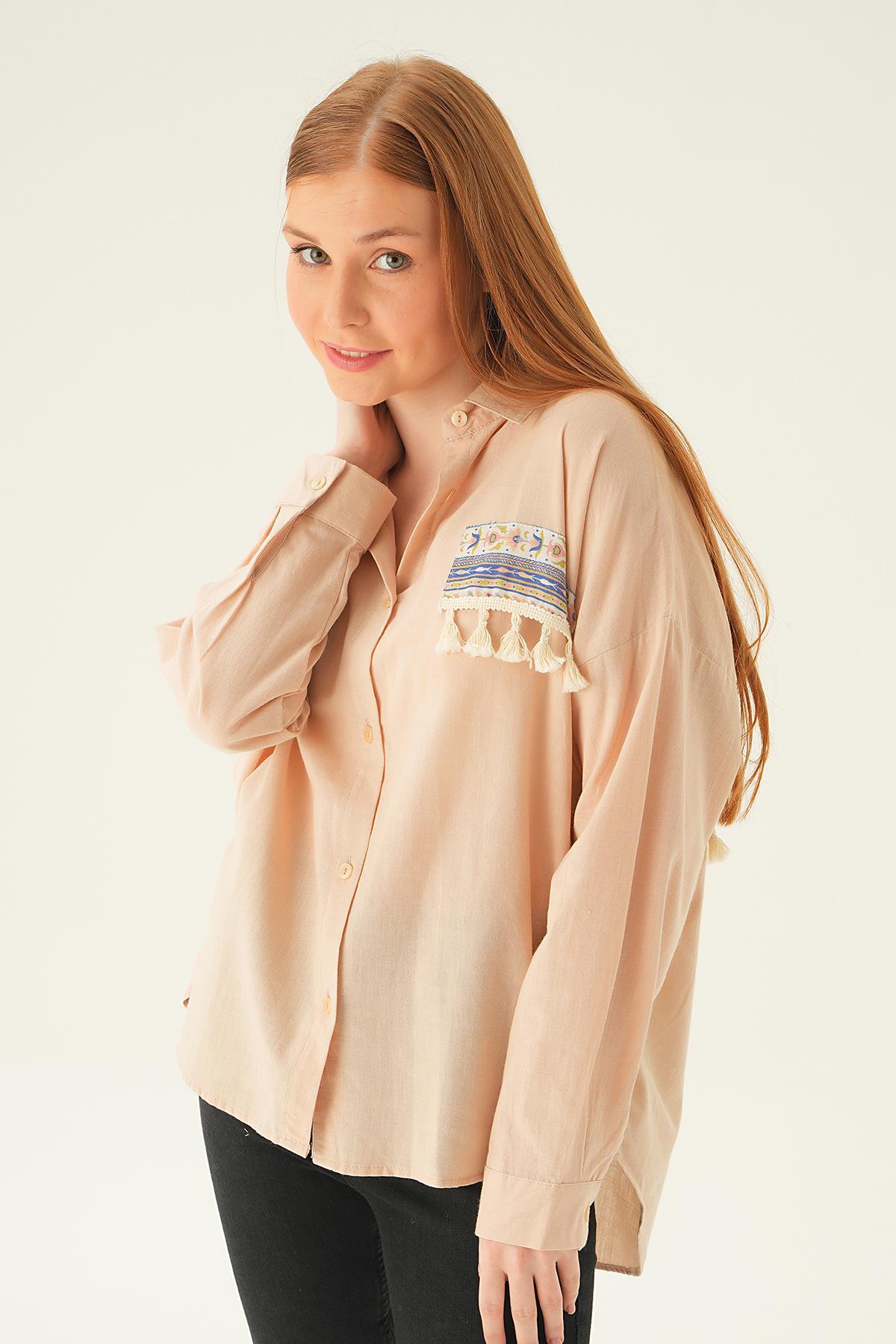 Bej Göğüs Cep Püskül Detay Gömlek 71425 