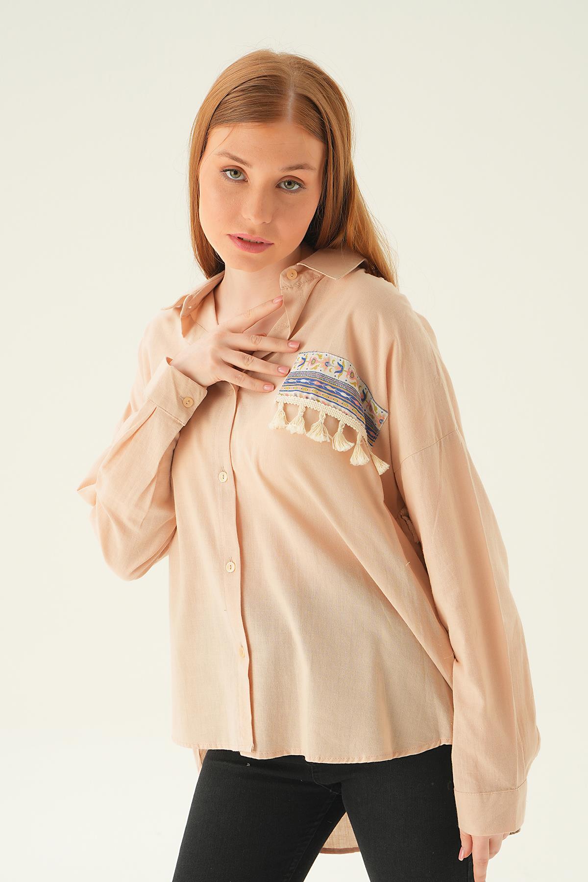 Bej Göğüs Cep Püskül Detay Gömlek 71425 - 4