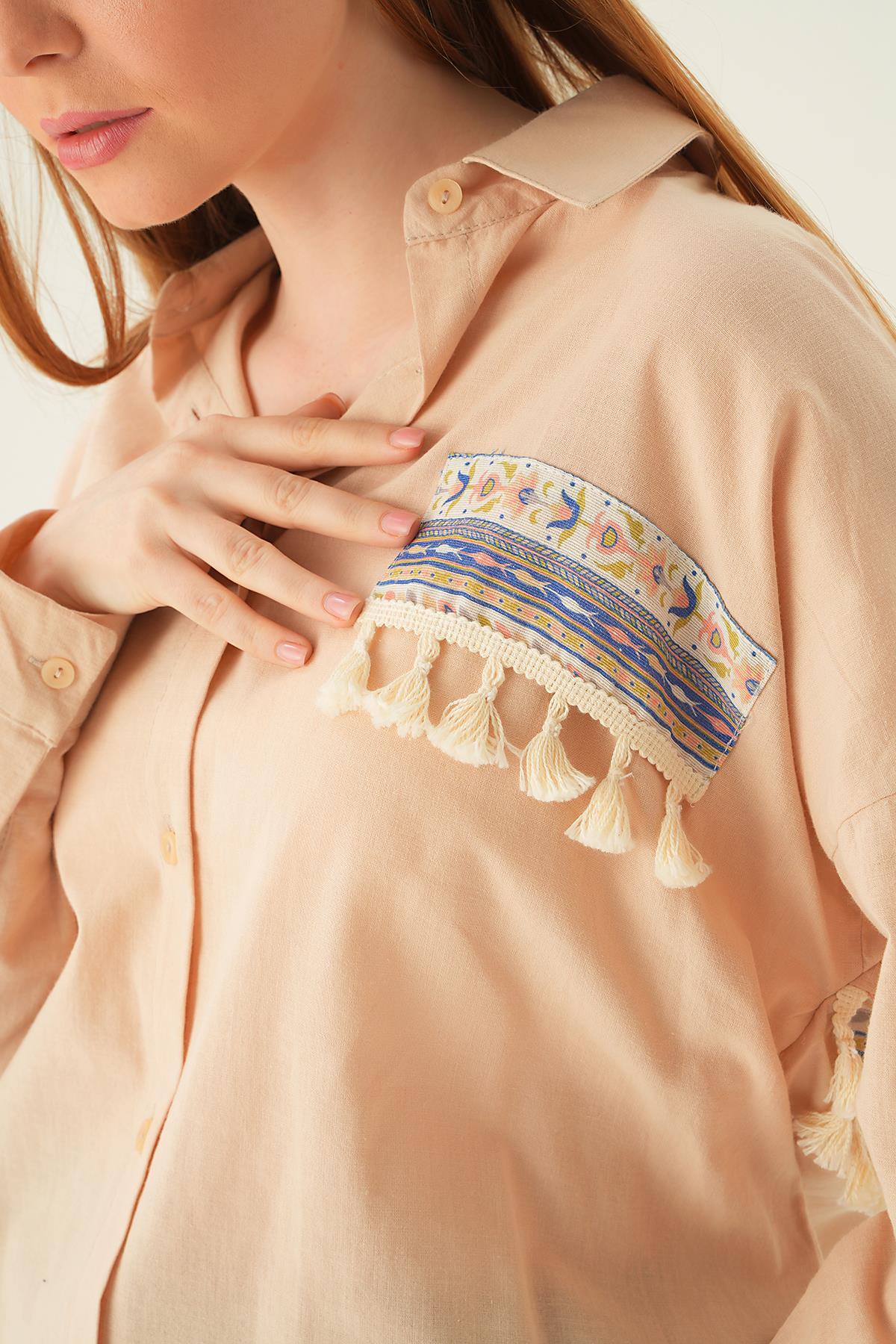 Bej Göğüs Cep Püskül Detay Gömlek 71425 - 5