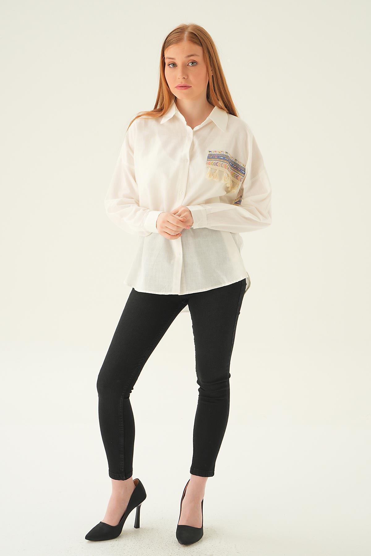 71425 Göğüs Cep Püskül Detay Gömlek Ekru - 2