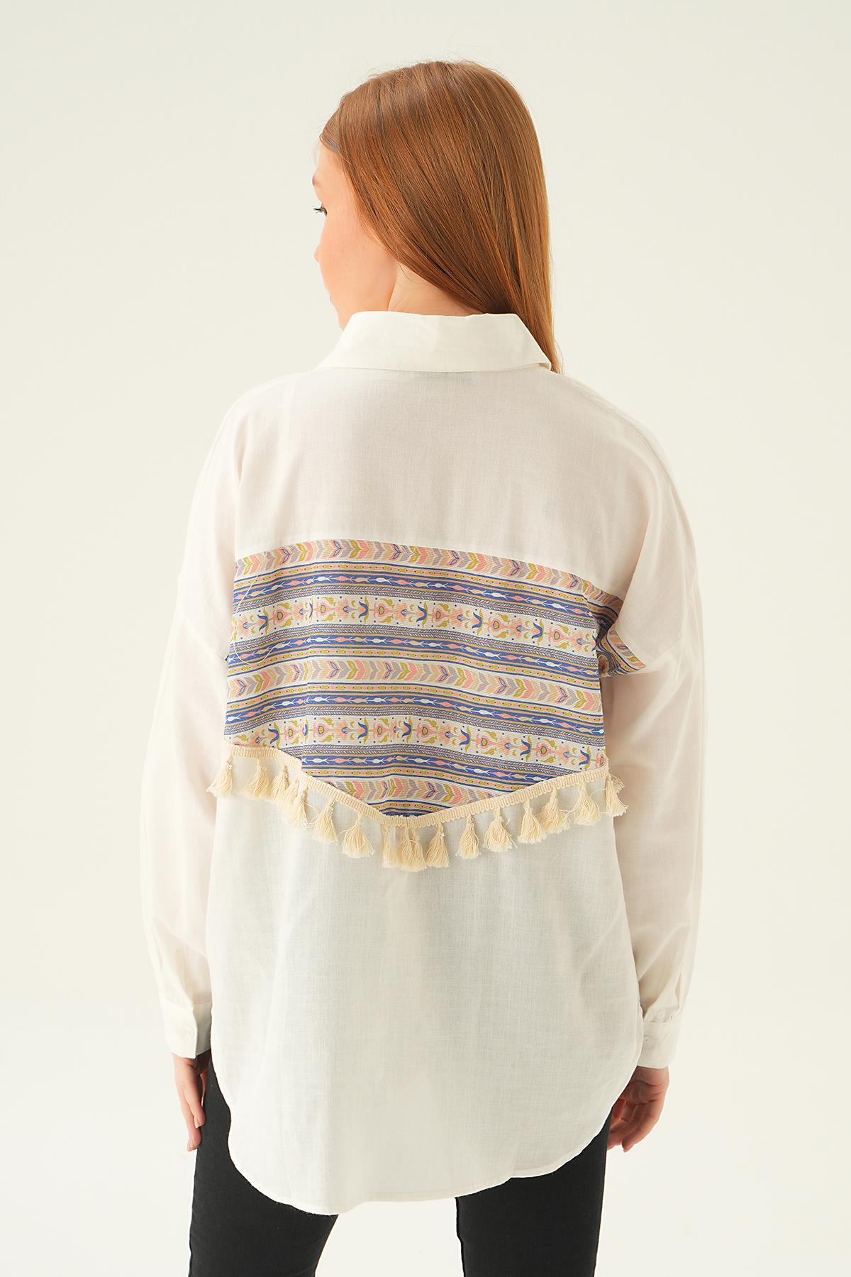 71425 Göğüs Cep Püskül Detay Gömlek Ekru - 3