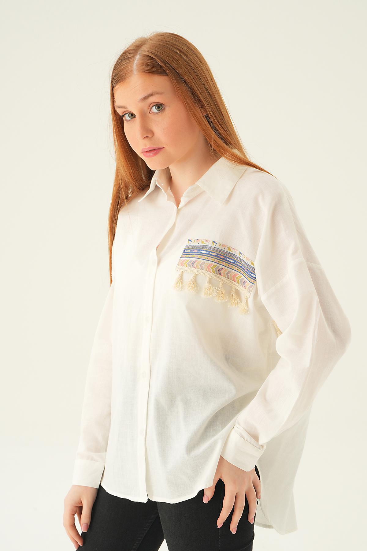 Ekru Göğüs Cep Püskül Detay Gömlek 71425 - 1