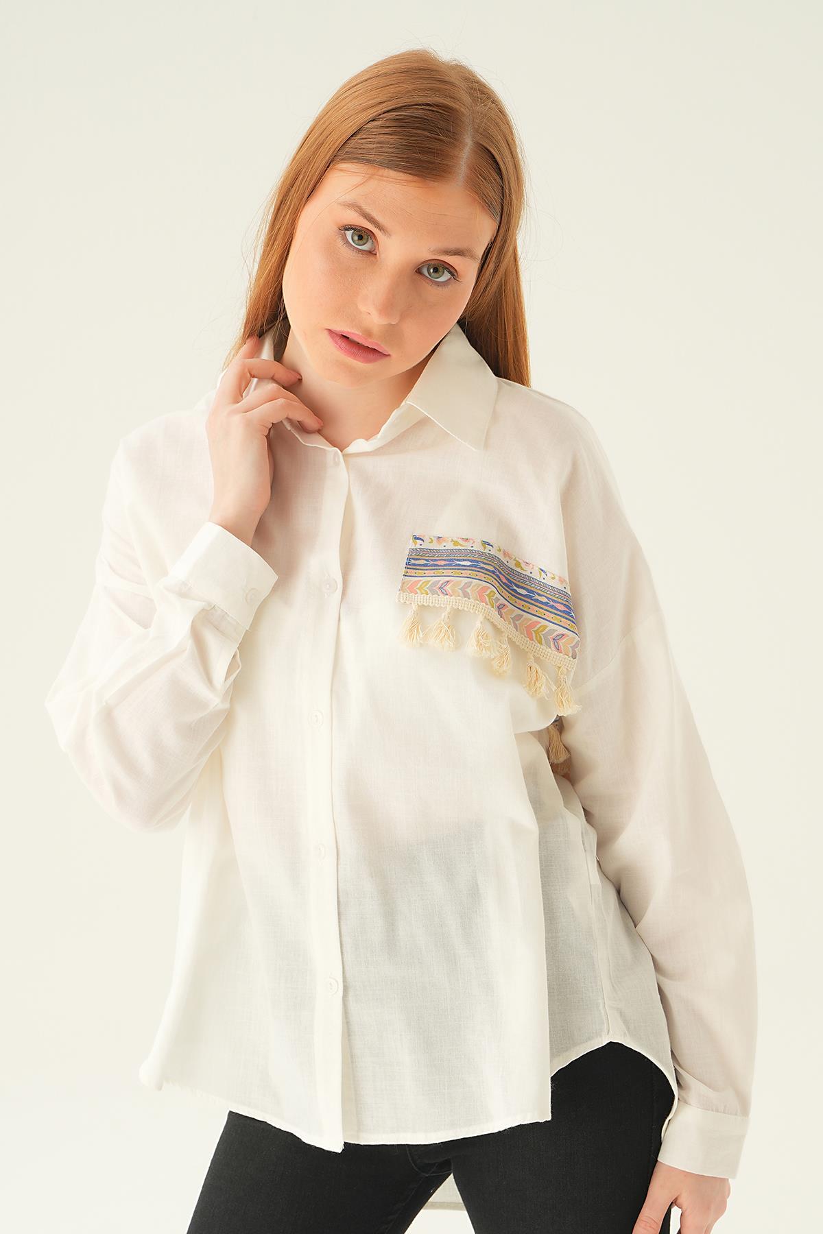 Ekru Göğüs Cep Püskül Detay Gömlek 71425 - 4