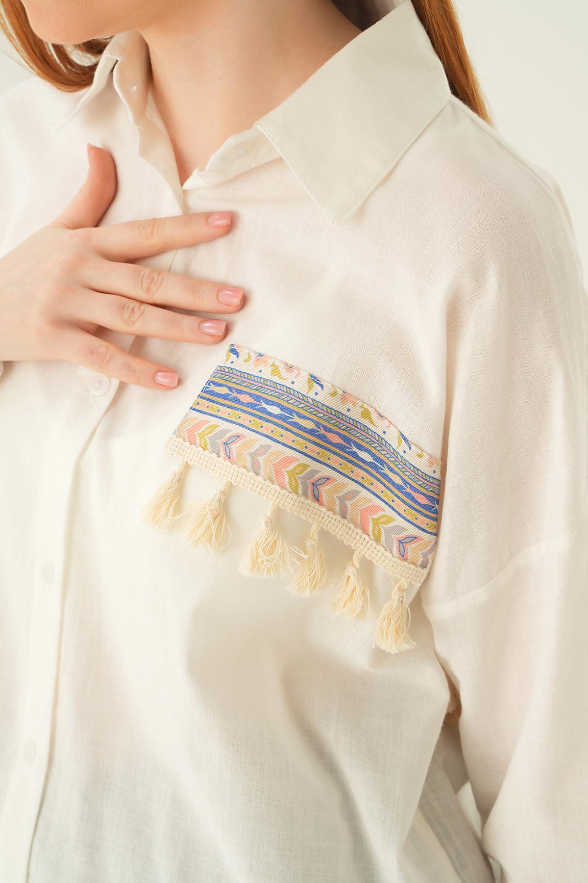 Ekru Göğüs Cep Püskül Detay Gömlek 71425 - 5