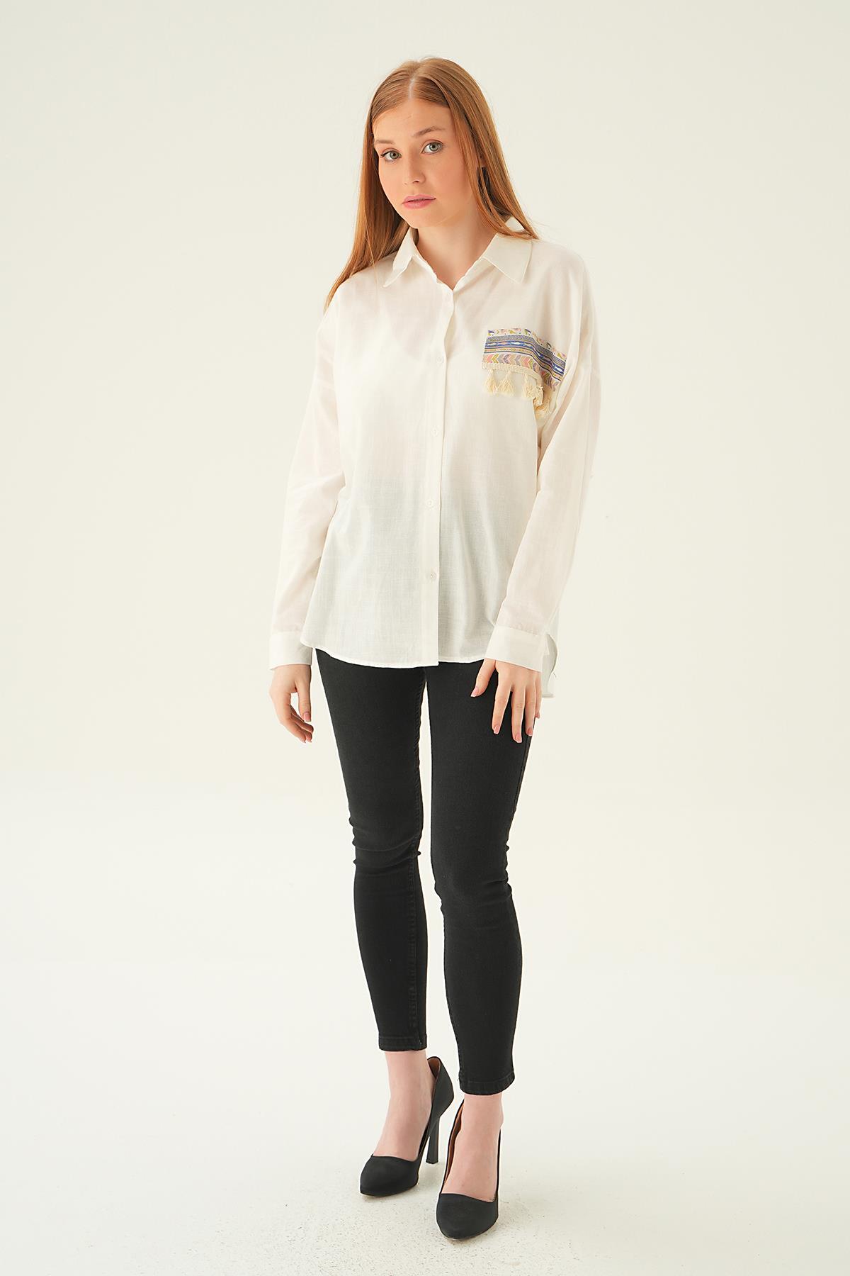 Ekru Göğüs Cep Püskül Detay Gömlek 71425 - 6