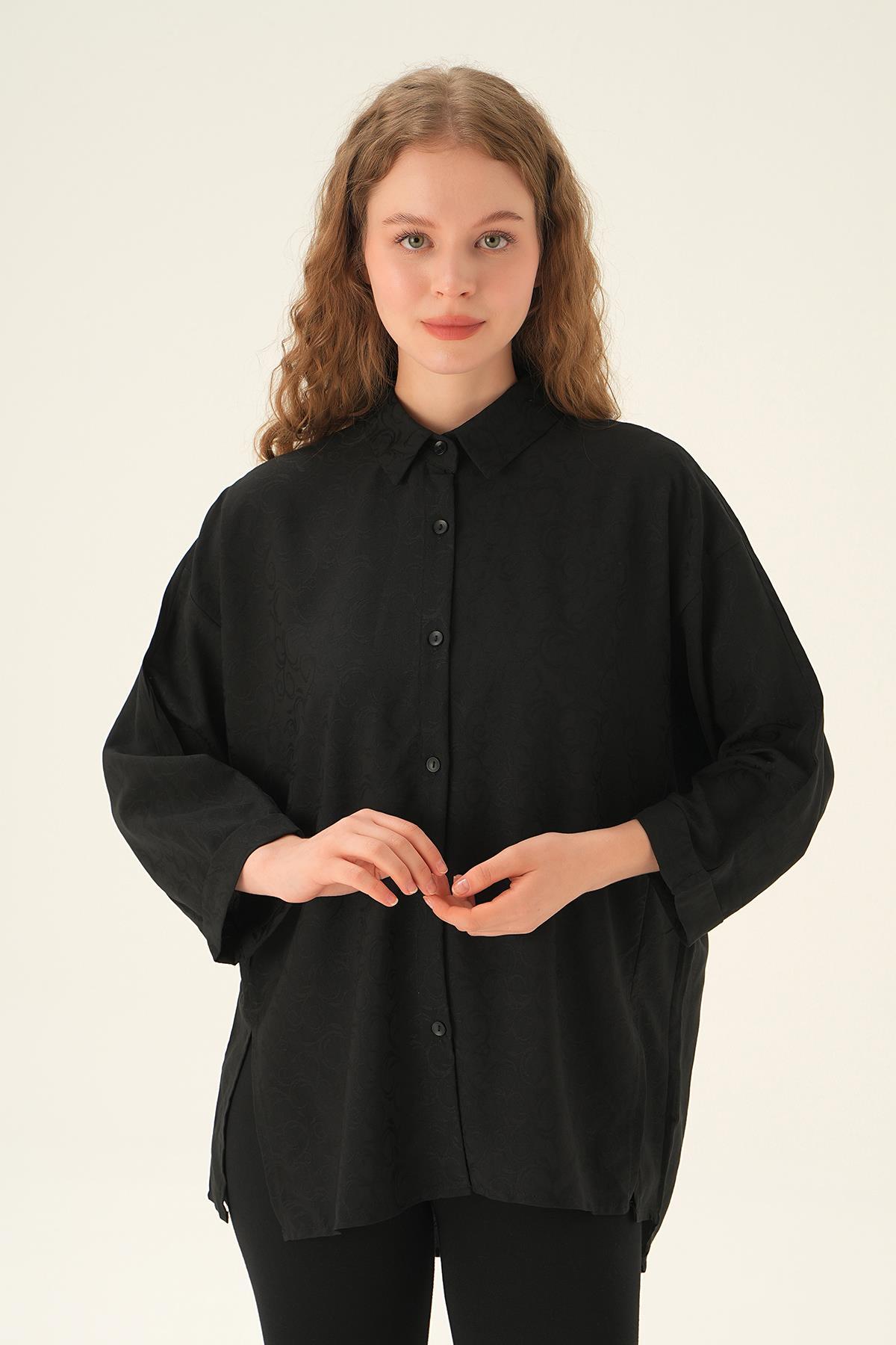 Siyah Yırtmaç Detay Gömlek 71426 - 3