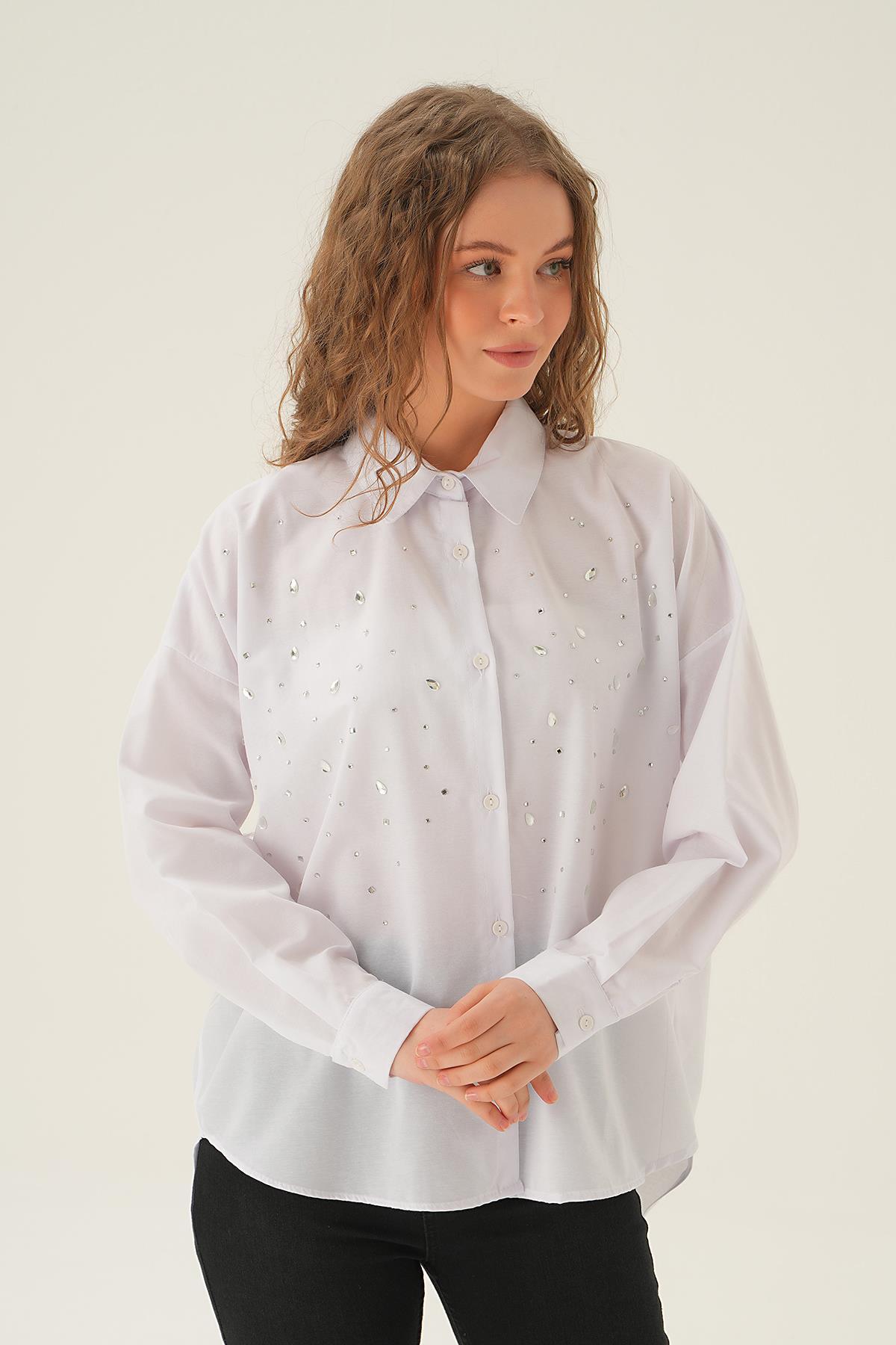 71445 Taş Detay Gömlek Beyaz 