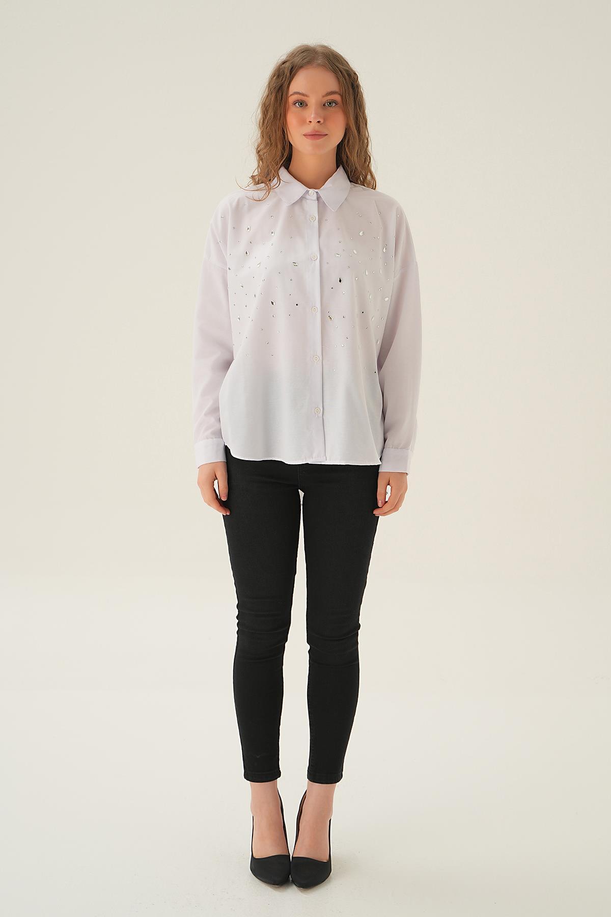 Beyaz Taş Detay Gömlek 71445 - 5