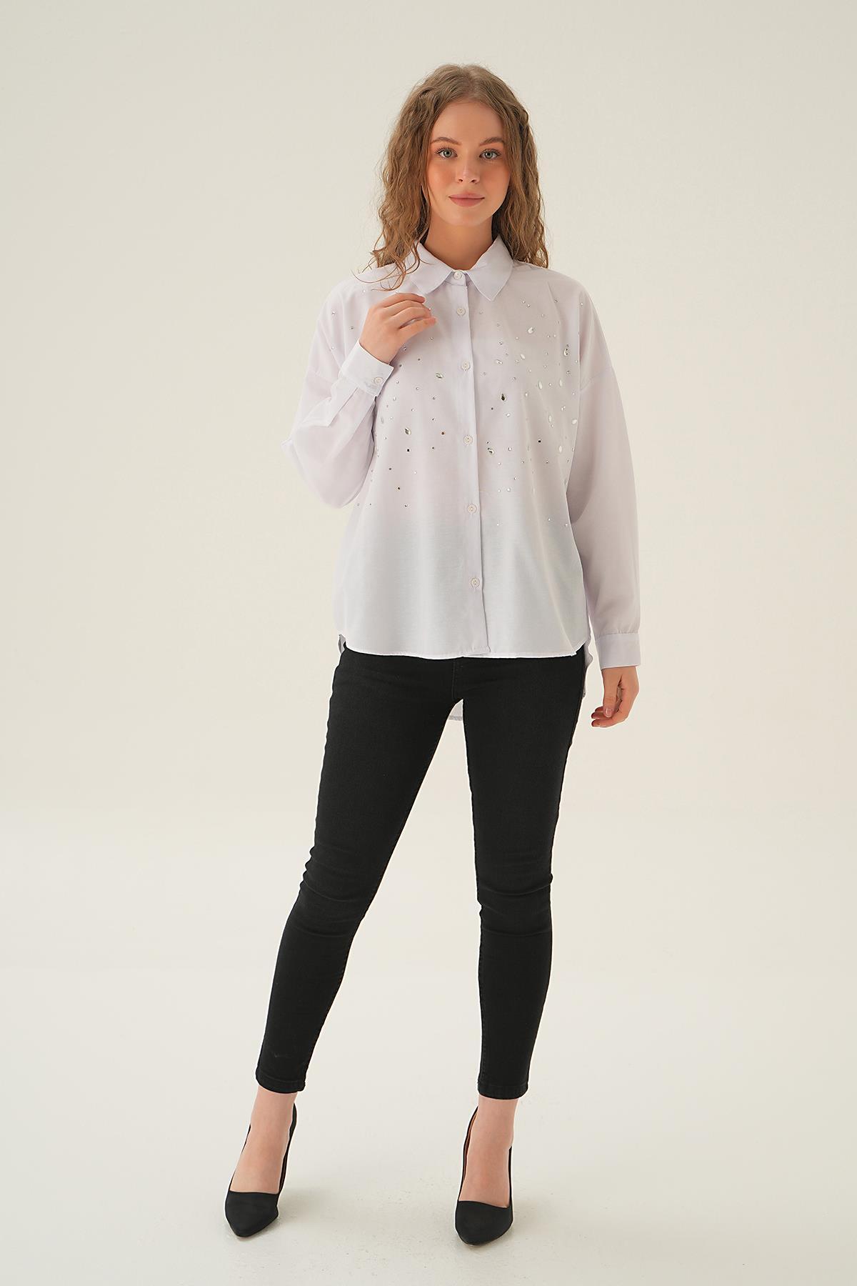 Beyaz Taş Detay Gömlek 71445 - 6