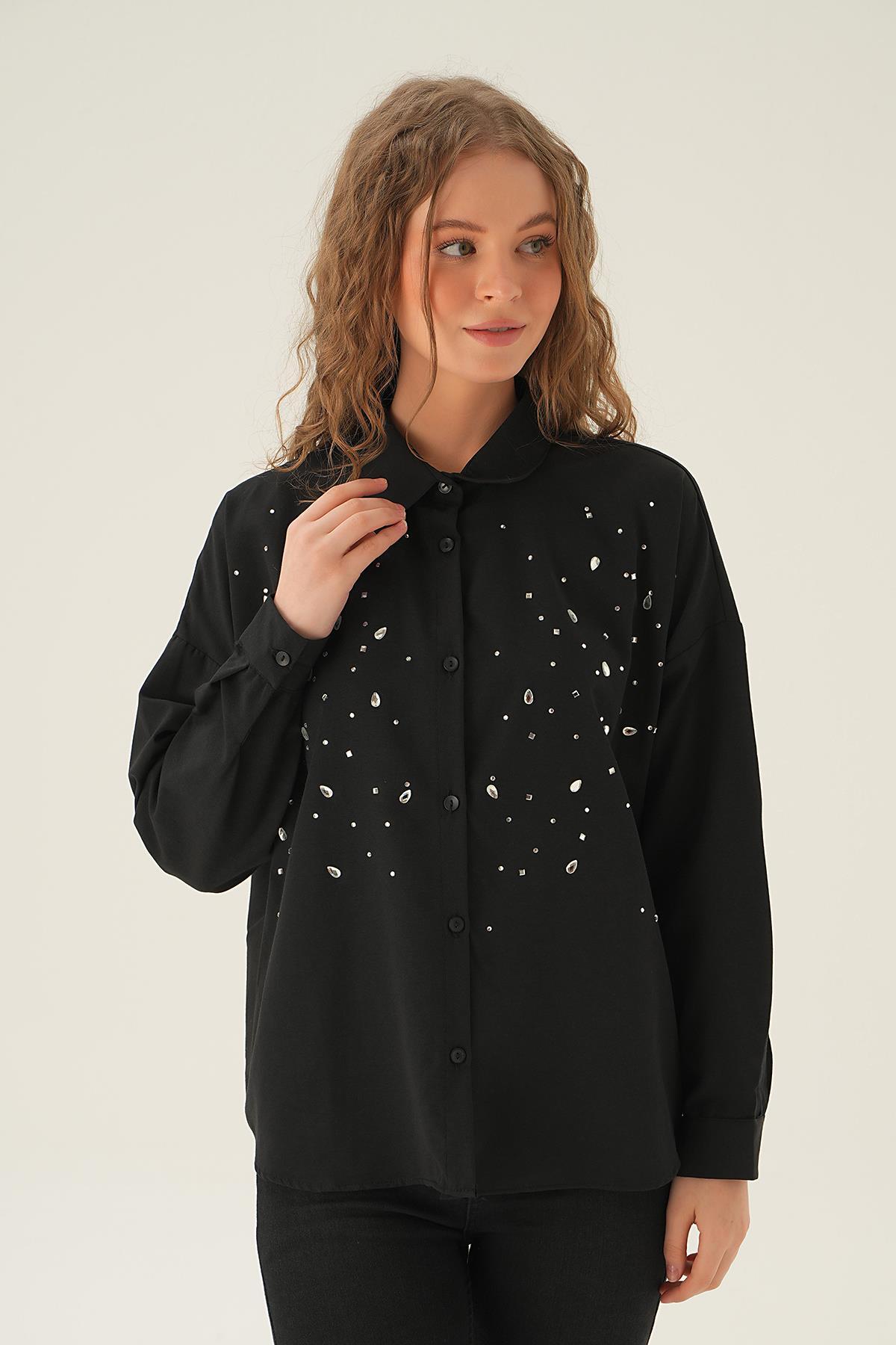 71445 Taş Detay Gömlek Siyah 