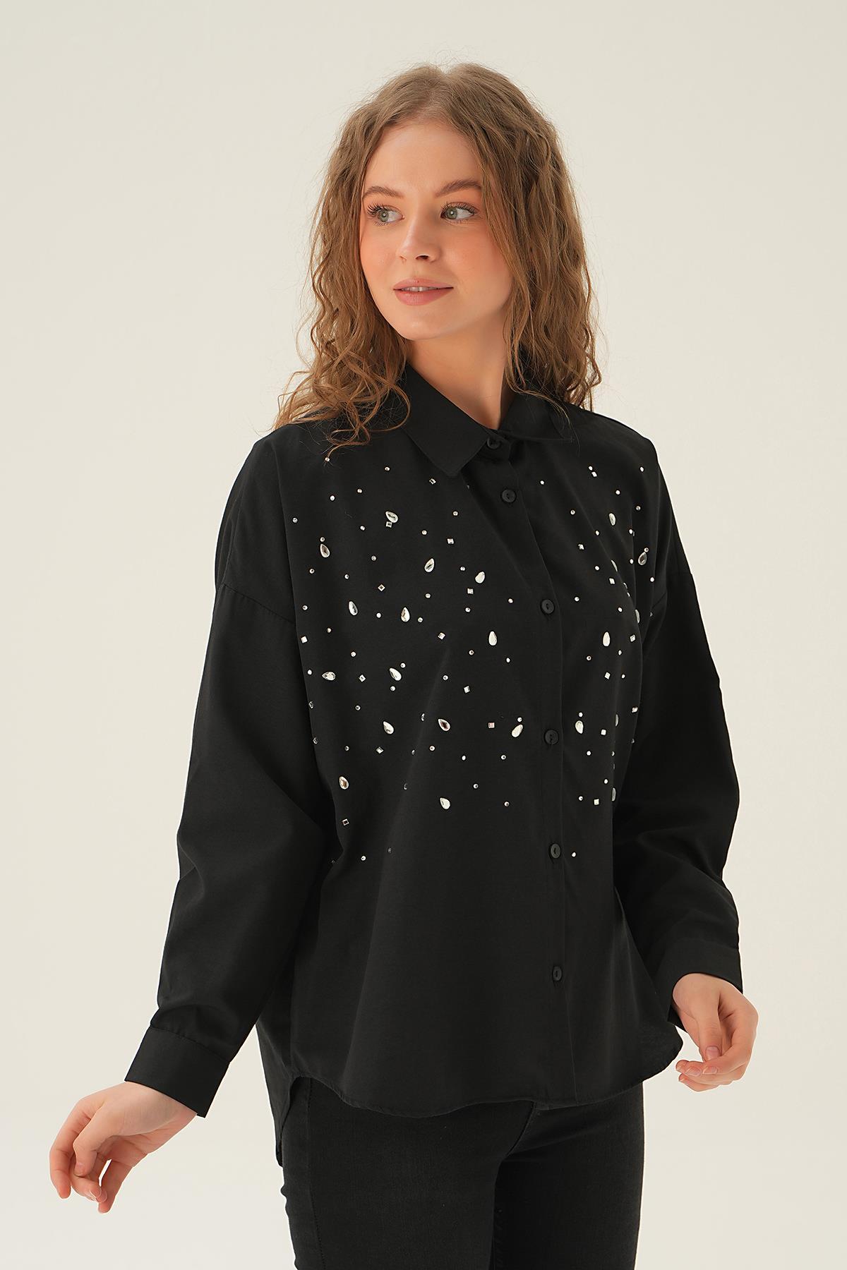Siyah Taş Detay Gömlek 71445 - 2