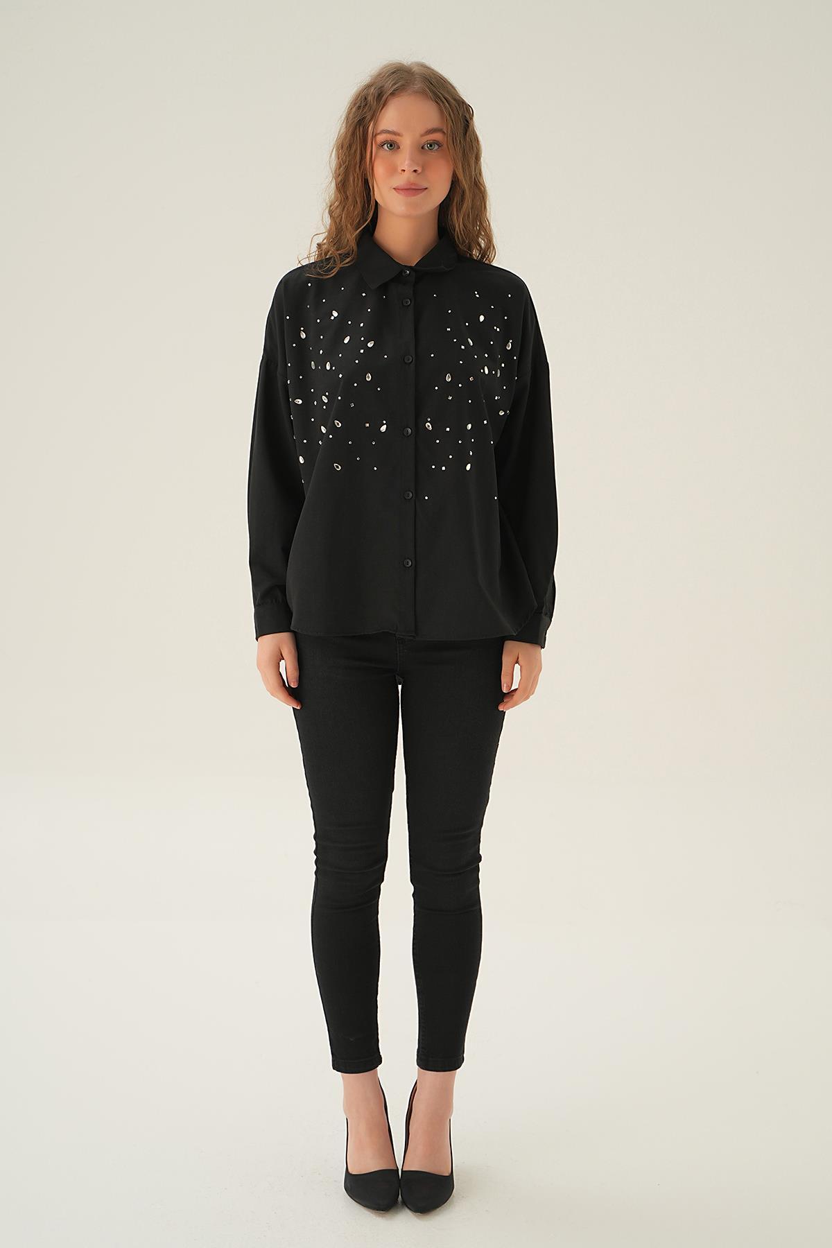 Siyah Taş Detay Gömlek 71445 - 5