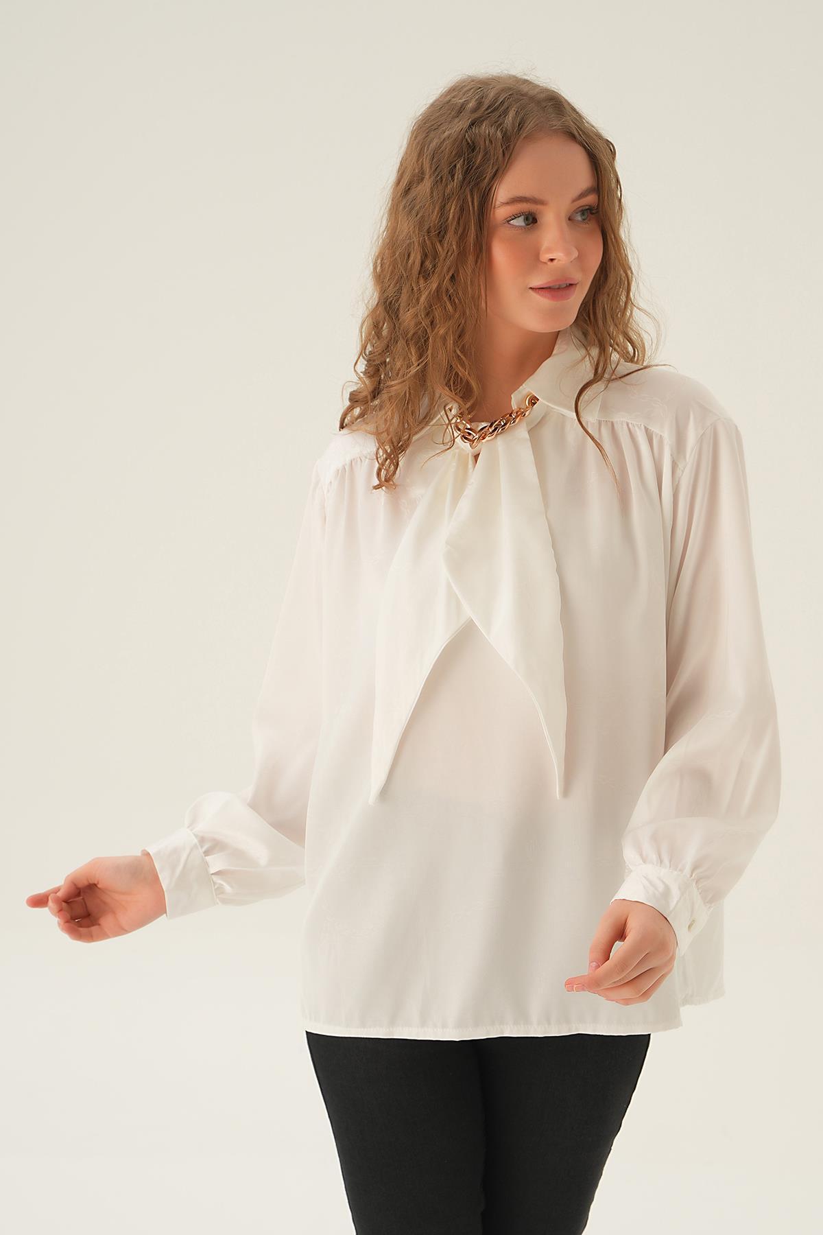71457 Zincir Detay Saten Gömlek Beyaz 