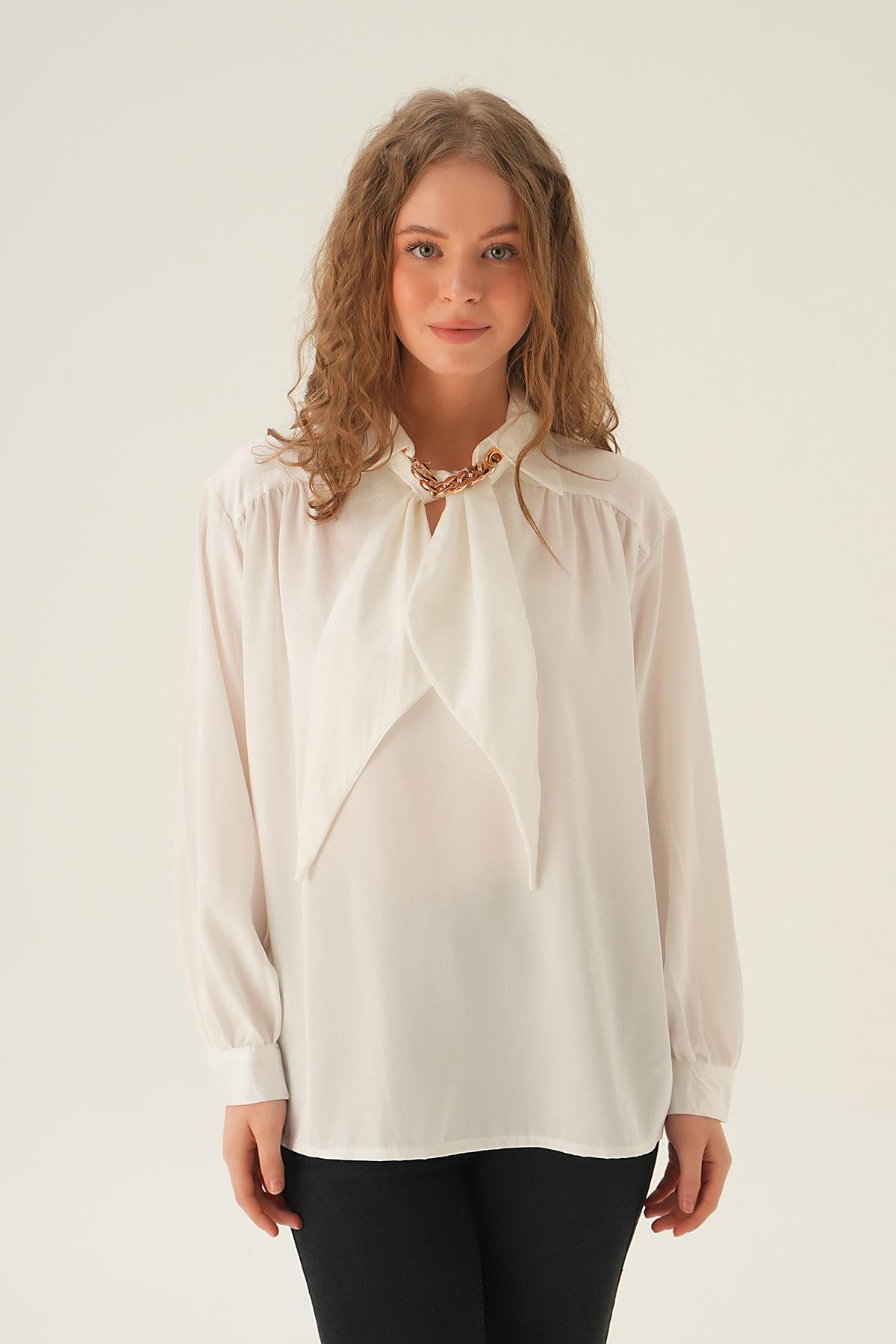 71457 Zincir Detay Saten Gömlek Beyaz - 2