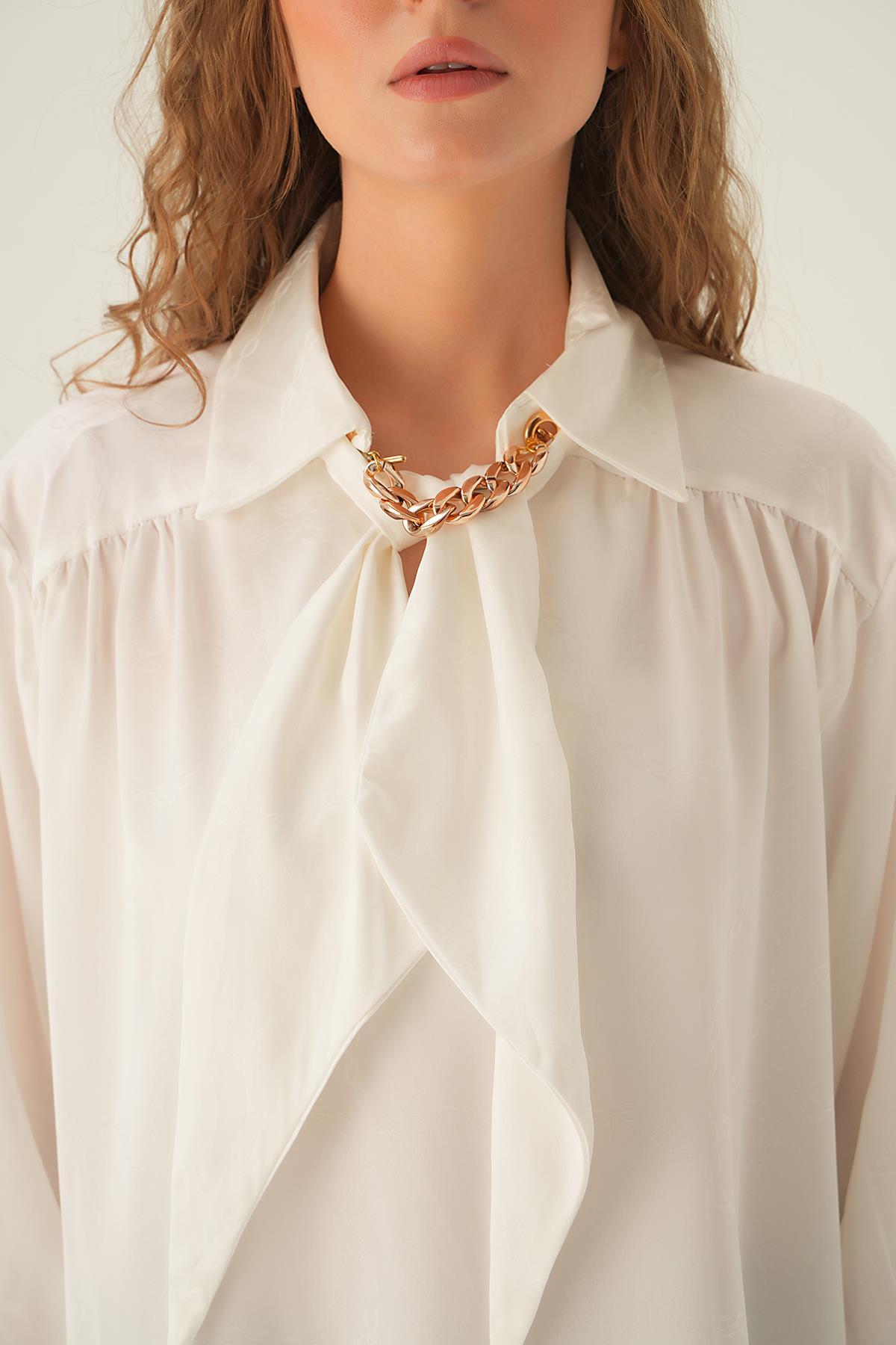 71457 Zincir Detay Saten Gömlek Beyaz - 4