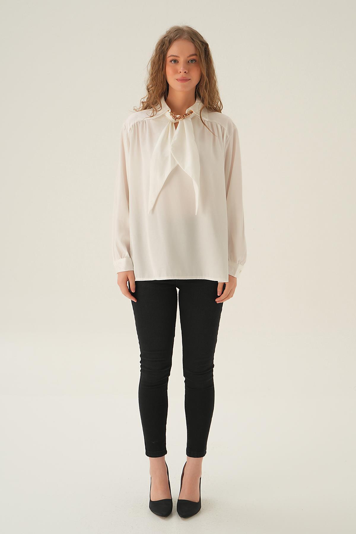 Beyaz Zincir Detay Saten Gömlek 71457 - 5