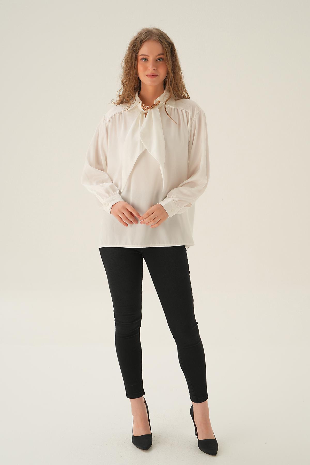 Beyaz Zincir Detay Saten Gömlek 71457 - 6