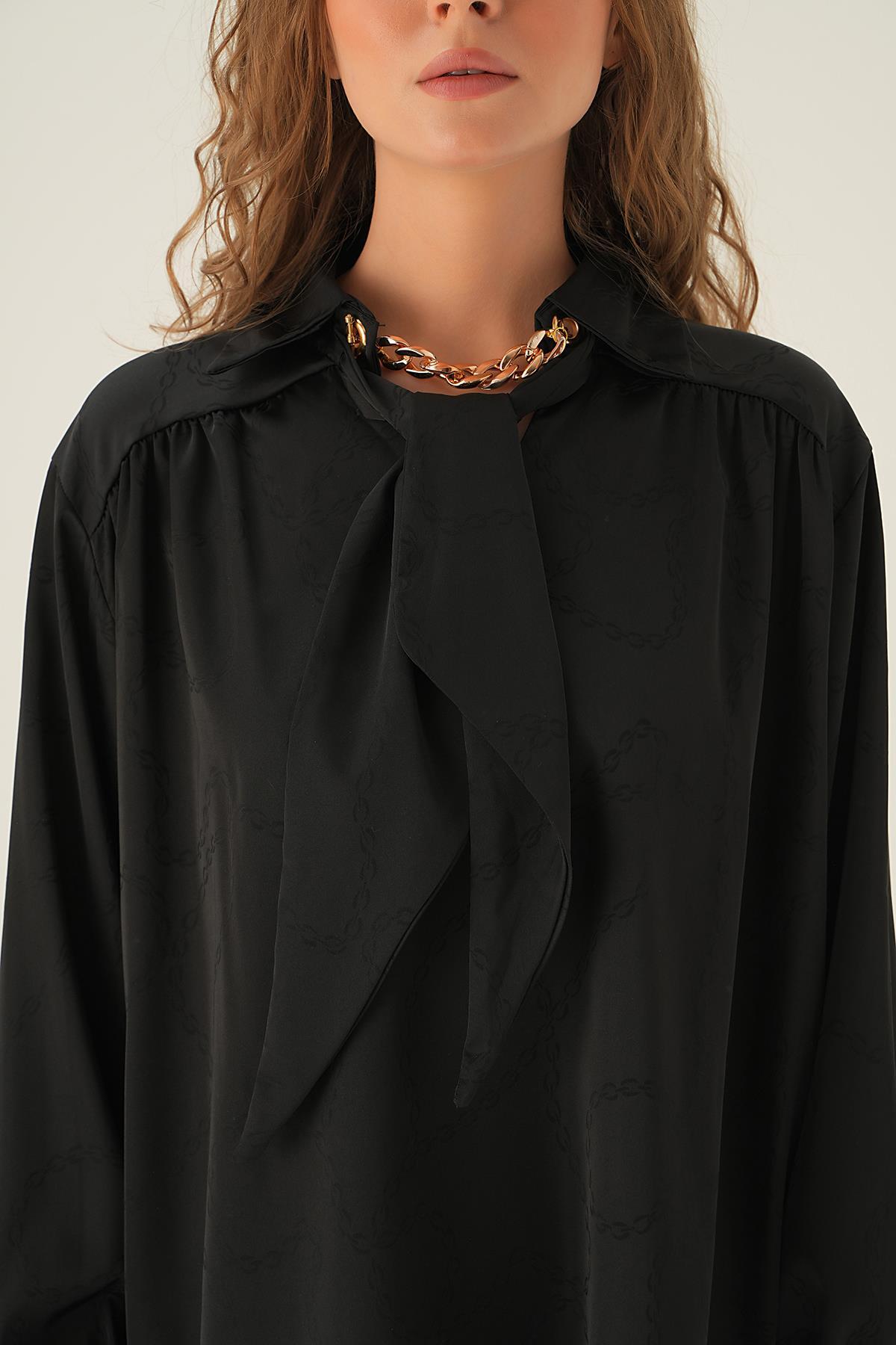 71457 Zincir Detay Saten Gömlek Siyah - 4