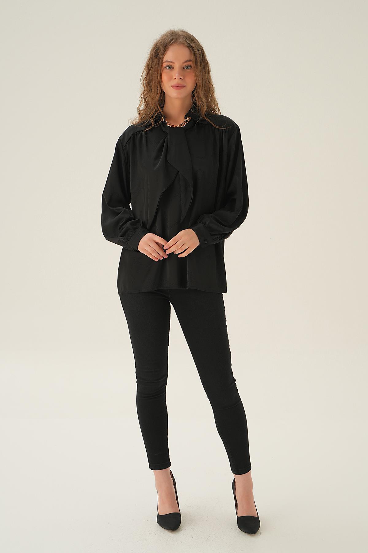 71457 Zincir Detay Saten Gömlek Siyah - 6