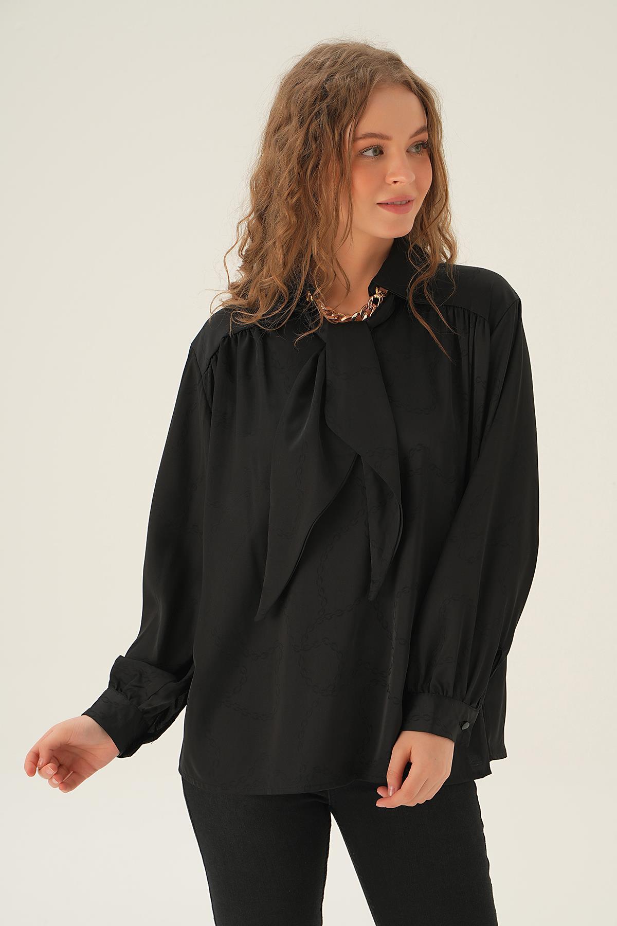 Siyah Zincir Detay Saten Gömlek 71457 - 1