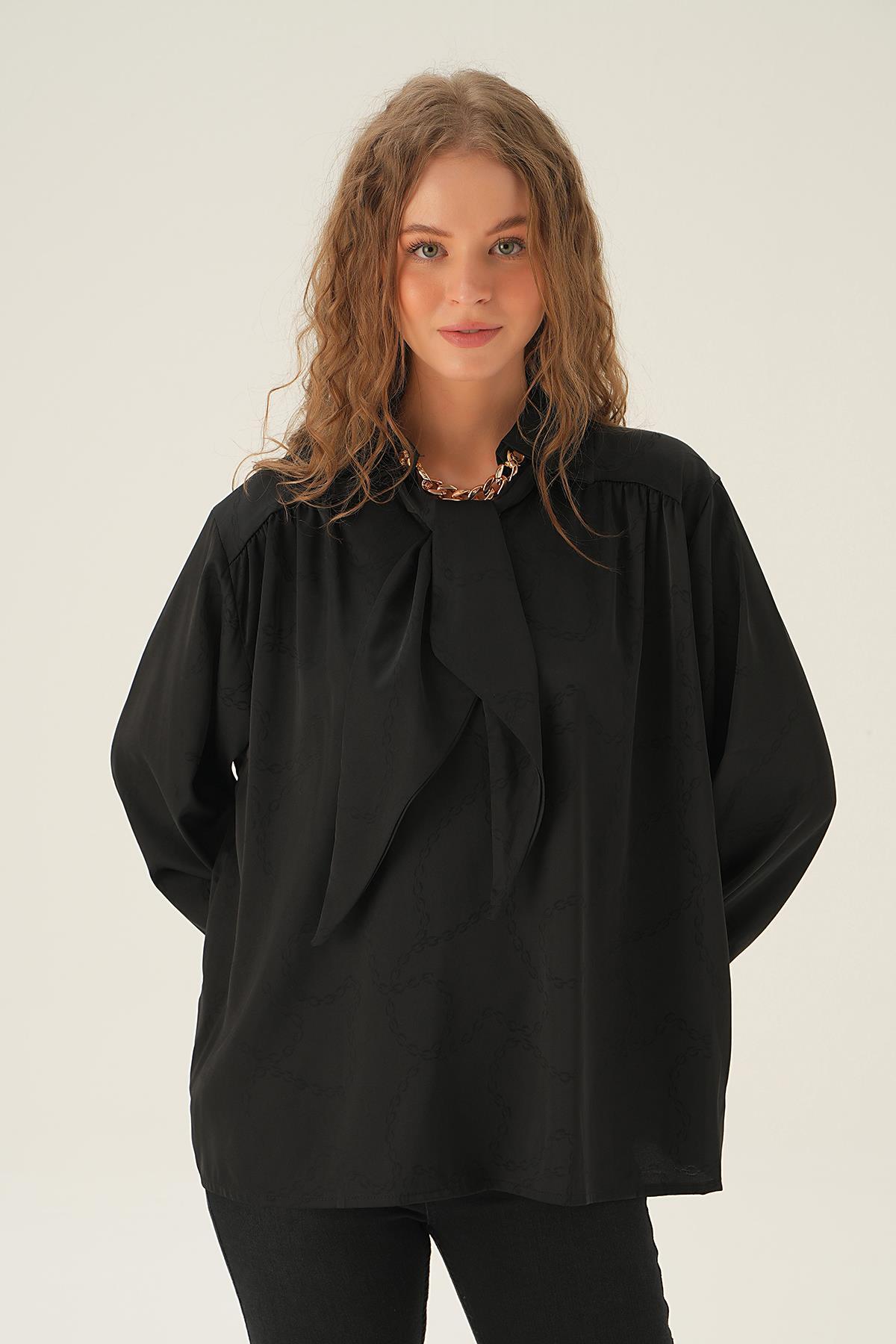 Siyah Zincir Detay Saten Gömlek 71457 - 2