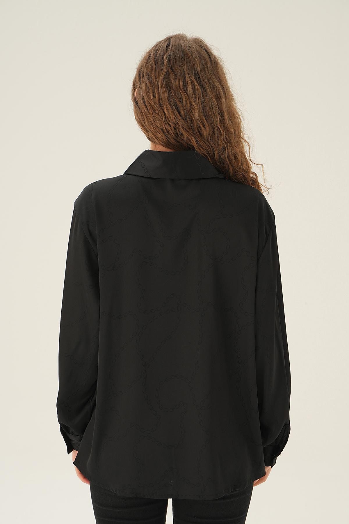 Siyah Zincir Detay Saten Gömlek 71457 - 3