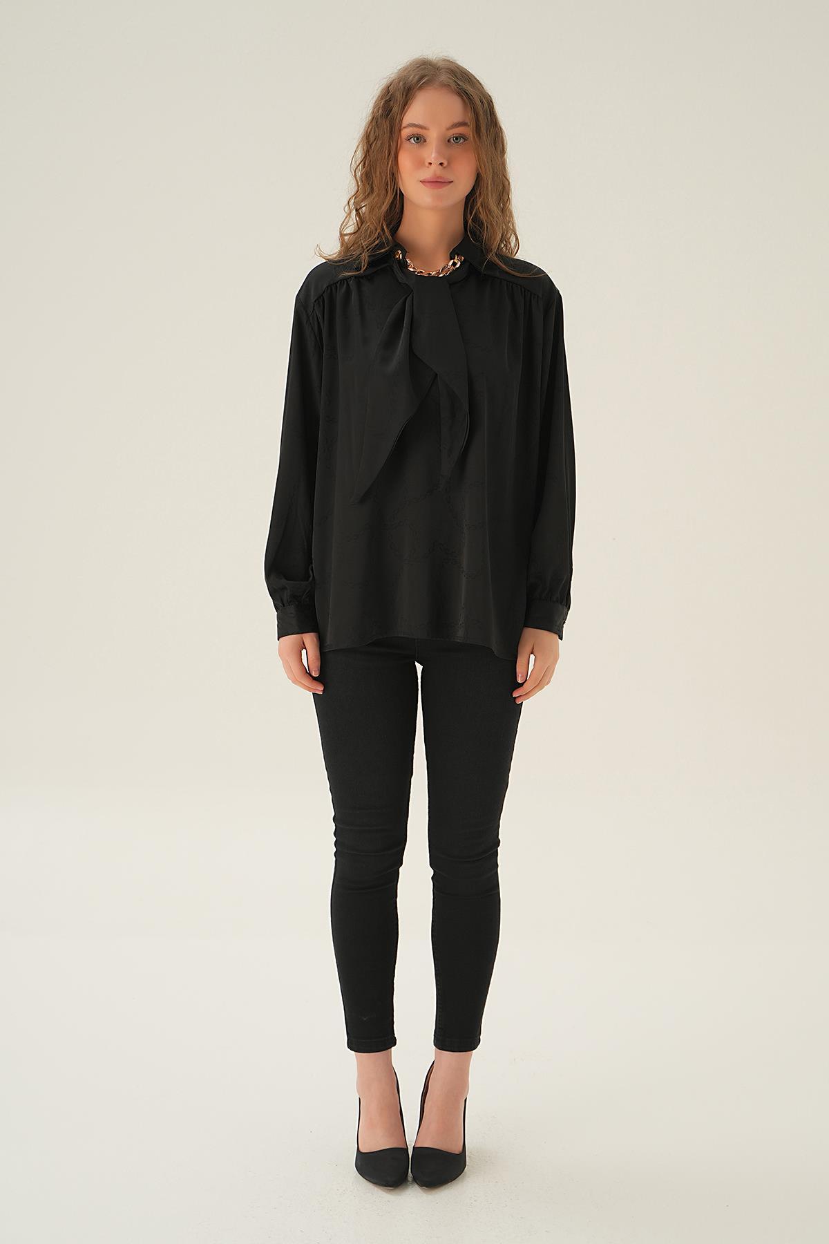 Siyah Zincir Detay Saten Gömlek 71457 - 5